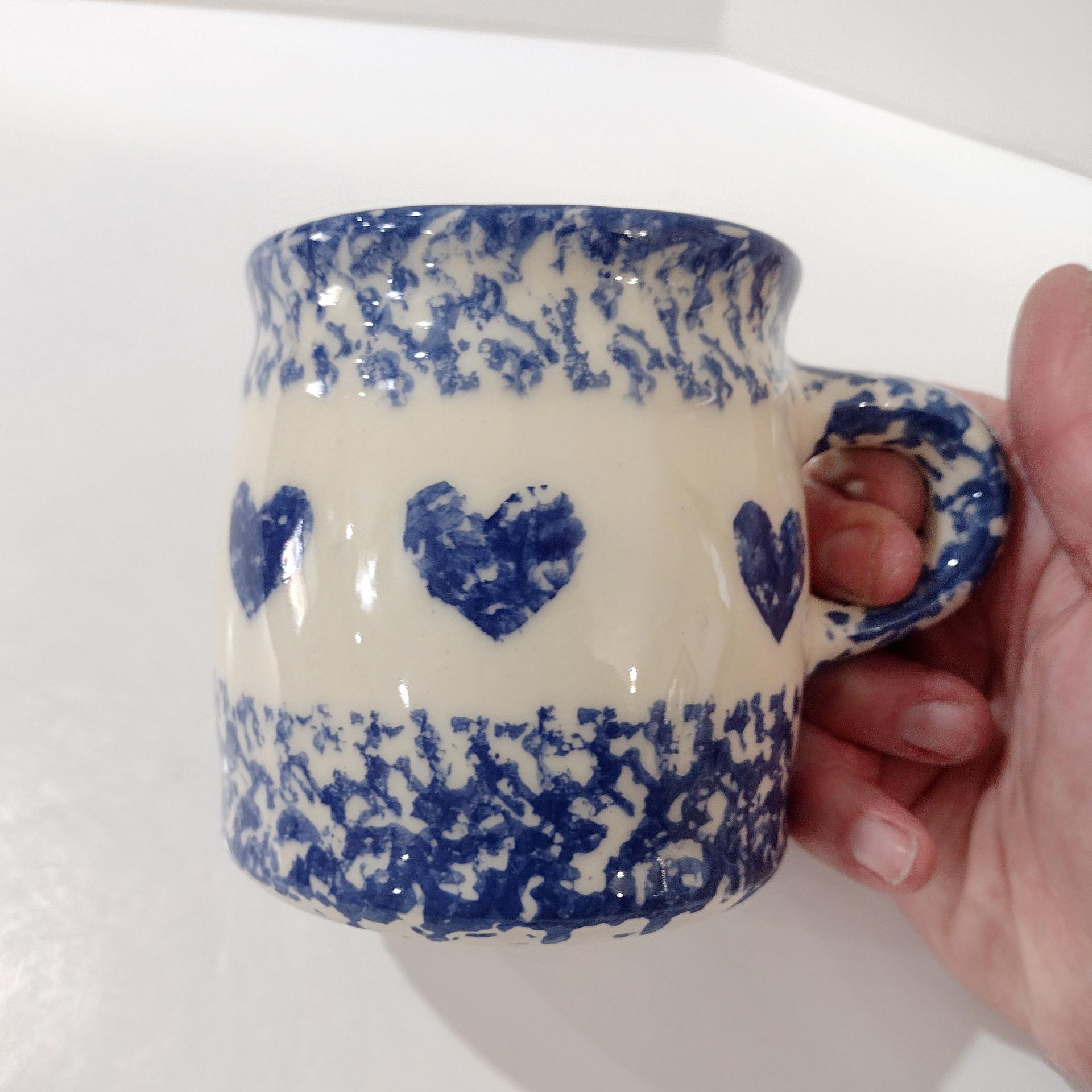 Vintage Blue Spongeware Coffee Tea Mugs, Set of Two, Workshops of Gerald E Henn Pottery, Roseville Spongeware Pottery