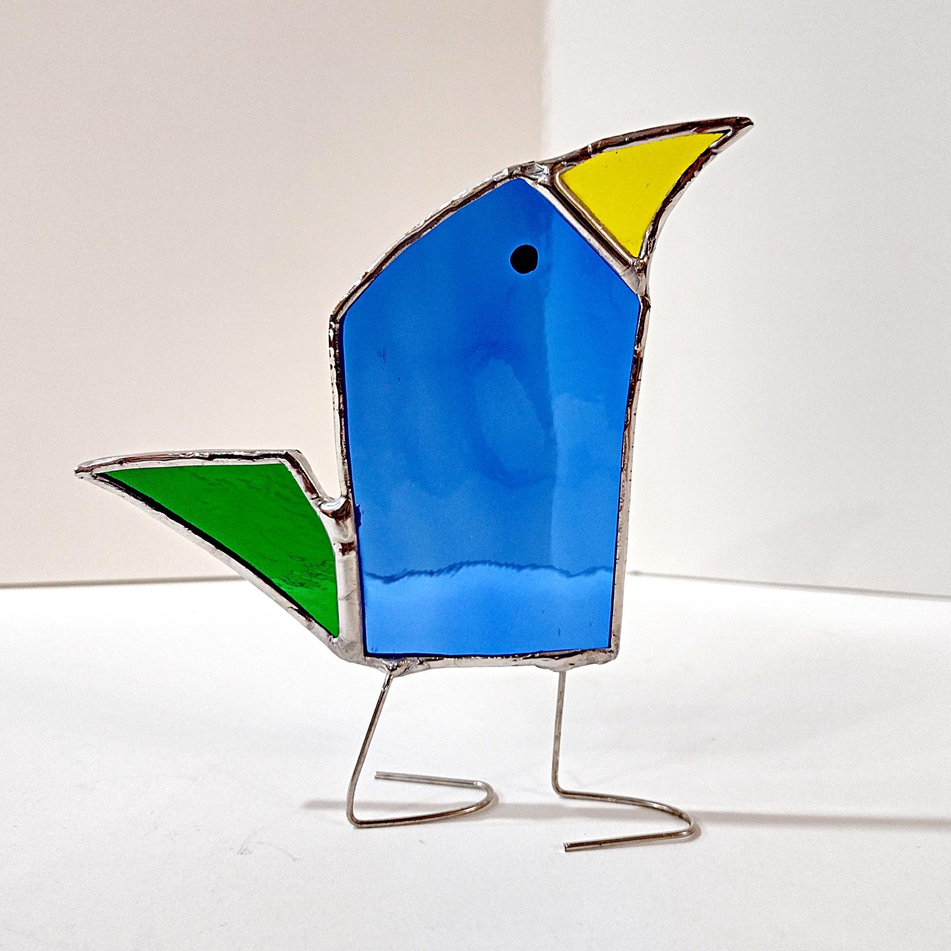 Stained Glass Standing Bird, Funky Blue and Green Glass Bird Suncatcher, Bird Lover Gift, Windowsill Sitter