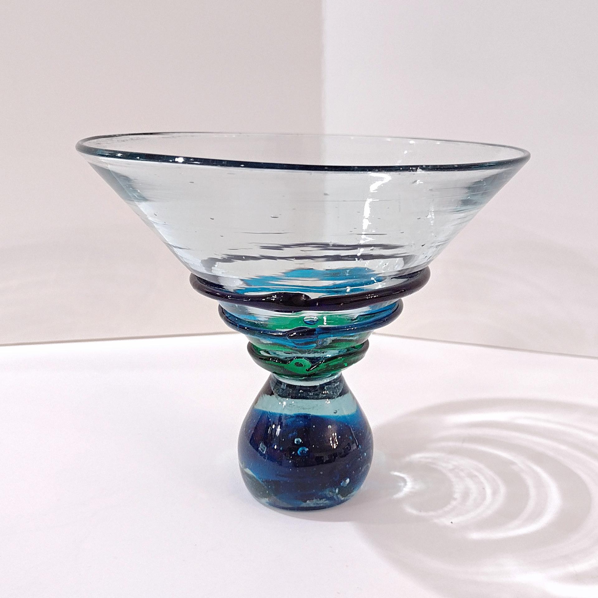 Vintage Mexican Hand Blown Martini Cocktail Glass with Blue and Green Glass Ribbons and Ball Base