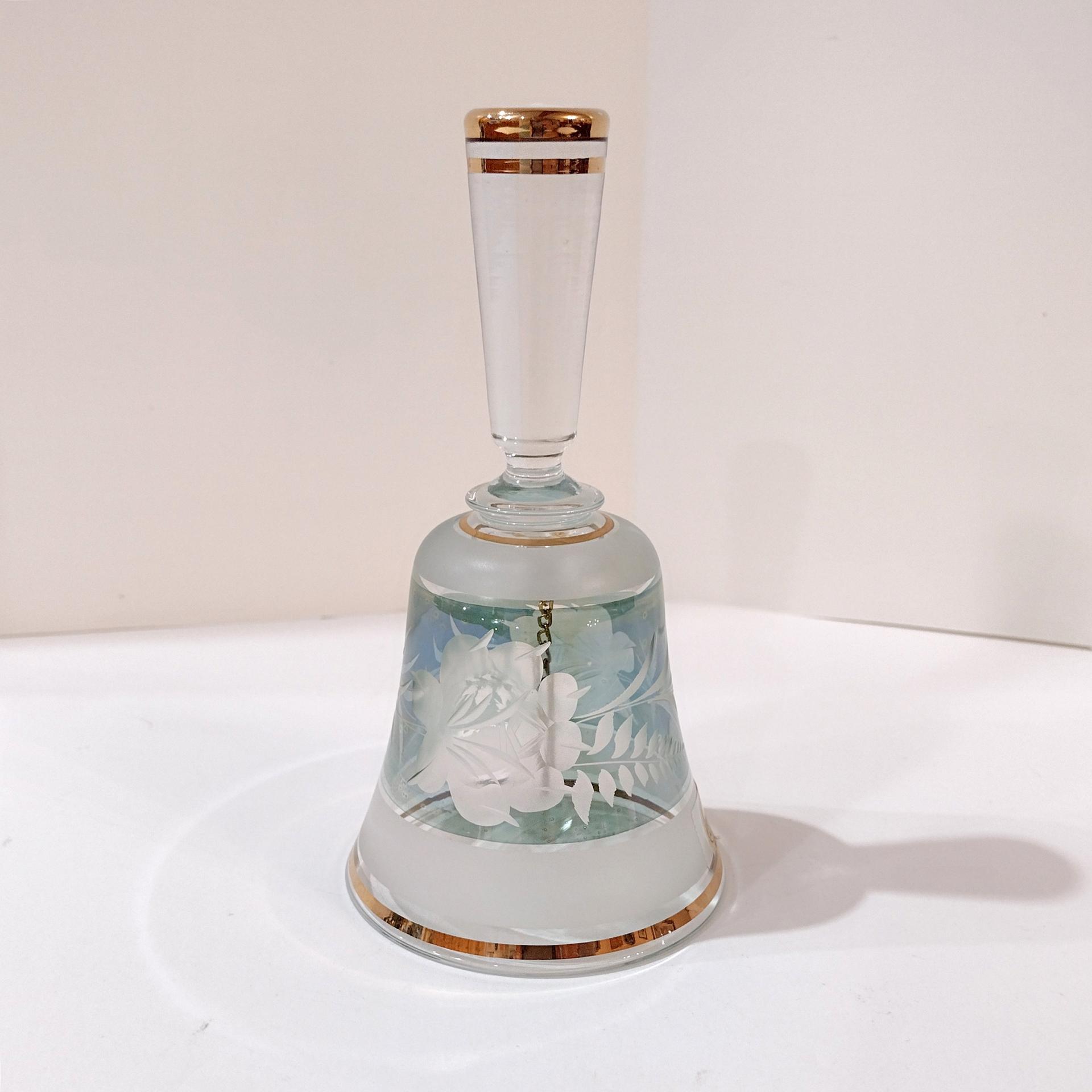 Vintage Green and Gold Etched Bohemian Czechoslovakian Glass Bell