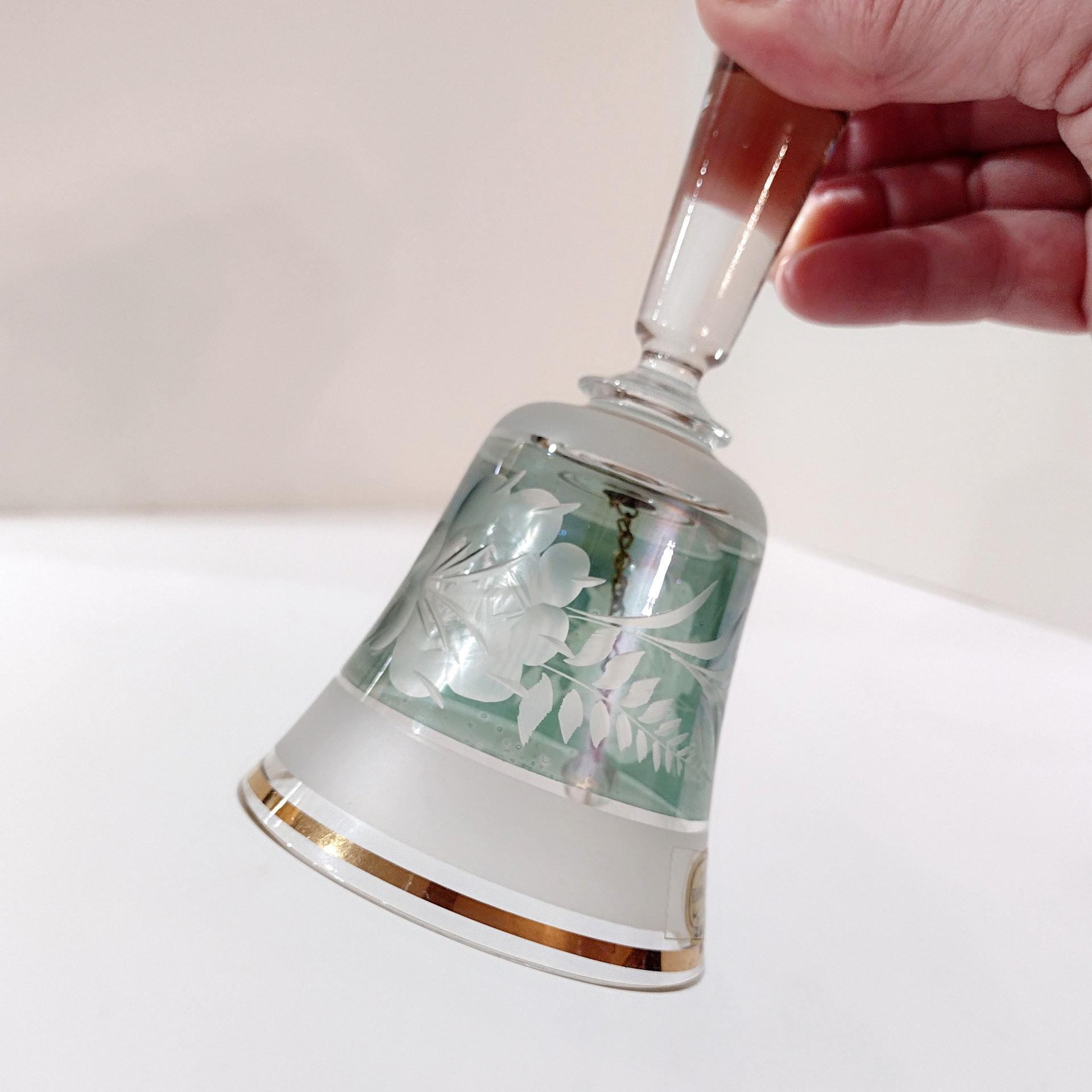 Vintage Green and Gold Etched Bohemian Czechoslovakian Glass Bell
