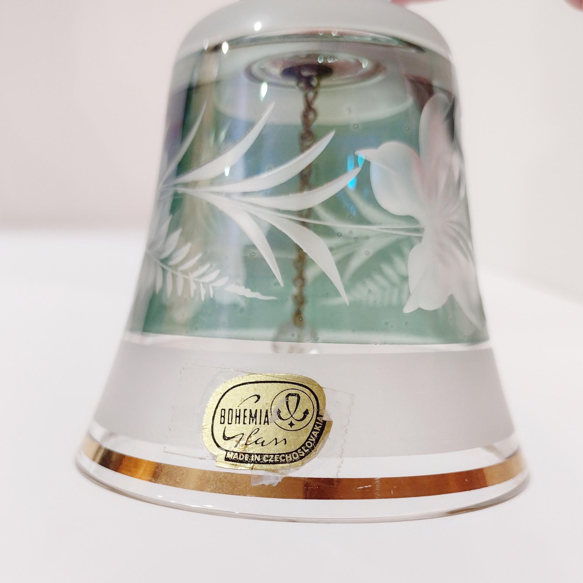 Vintage Green and Gold Etched Bohemian Czechoslovakian Glass Bell