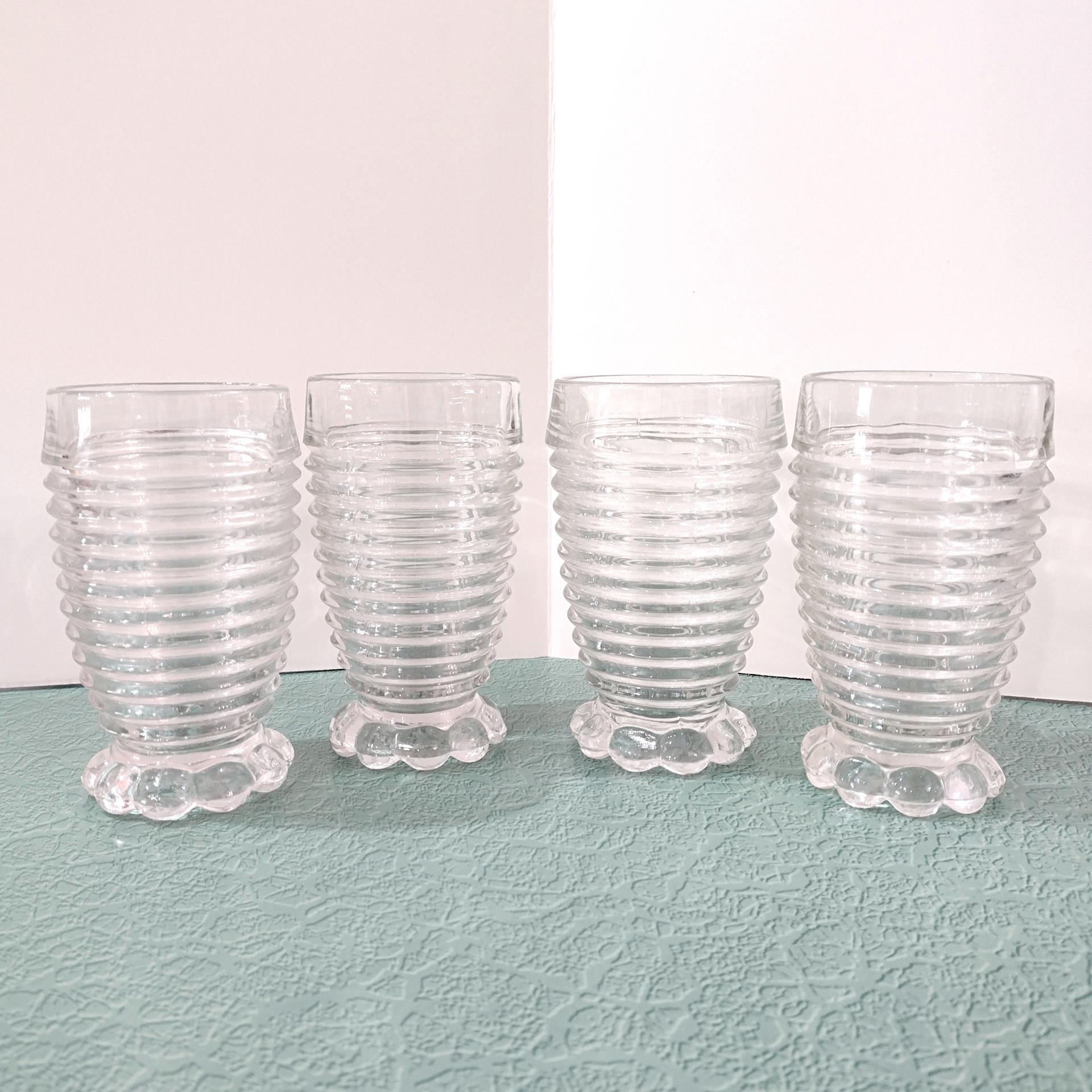 Vintage Anchor Hocking Manhattan Footed Clear Tumblers, Set of Four, Art Deco Retro Glassware