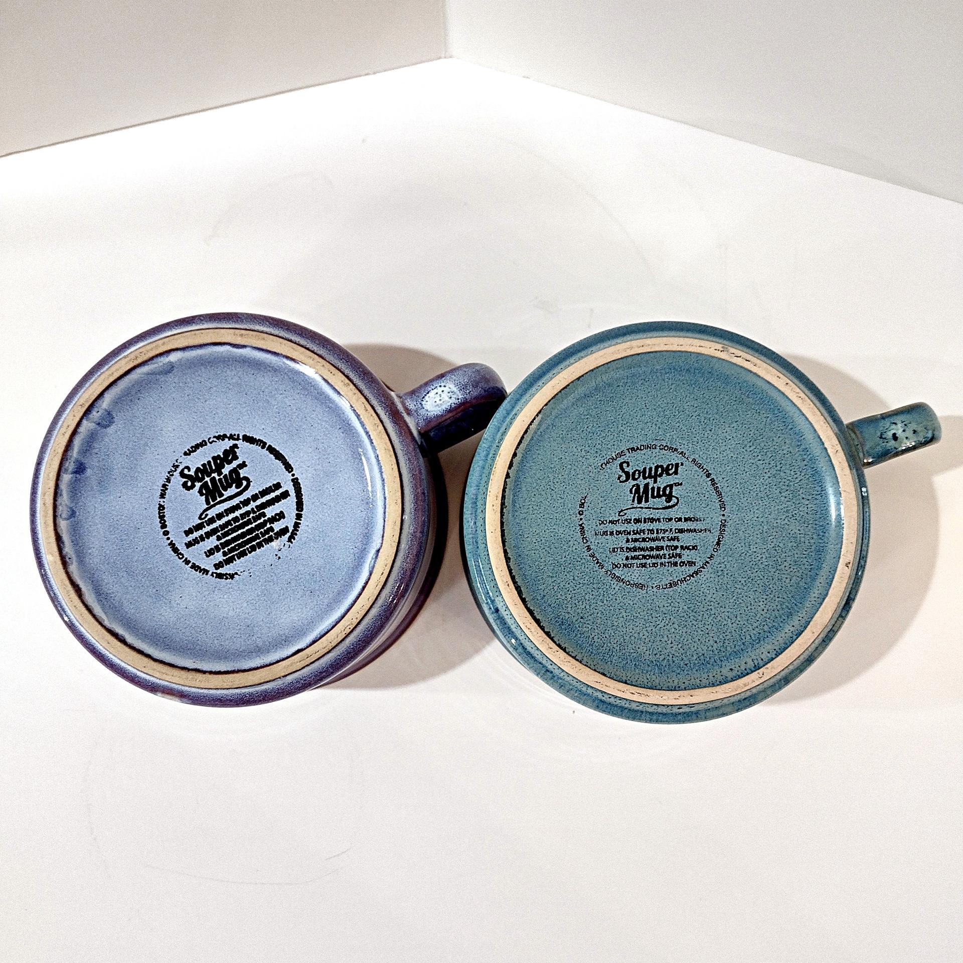 Vintage Aqua Blue and Purple Striped Large Ceramic Soup Mugs, Set of 2, French Onion Soup Crocks