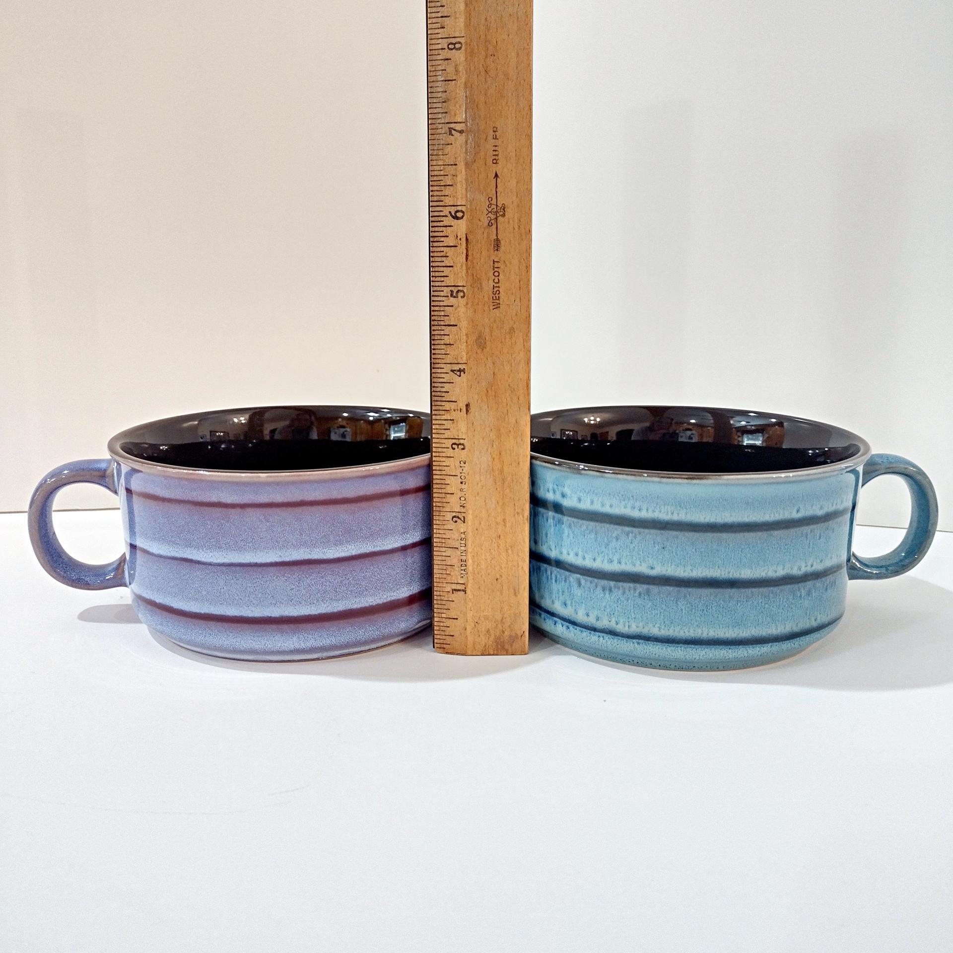 Vintage Aqua Blue and Purple Striped Large Ceramic Soup Mugs, Set of 2, French Onion Soup Crocks