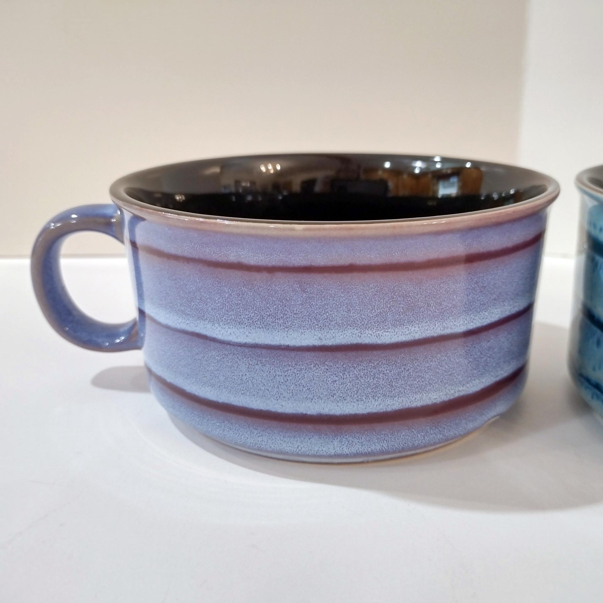 Vintage Aqua Blue and Purple Striped Large Ceramic Soup Mugs, Set of 2, French Onion Soup Crocks