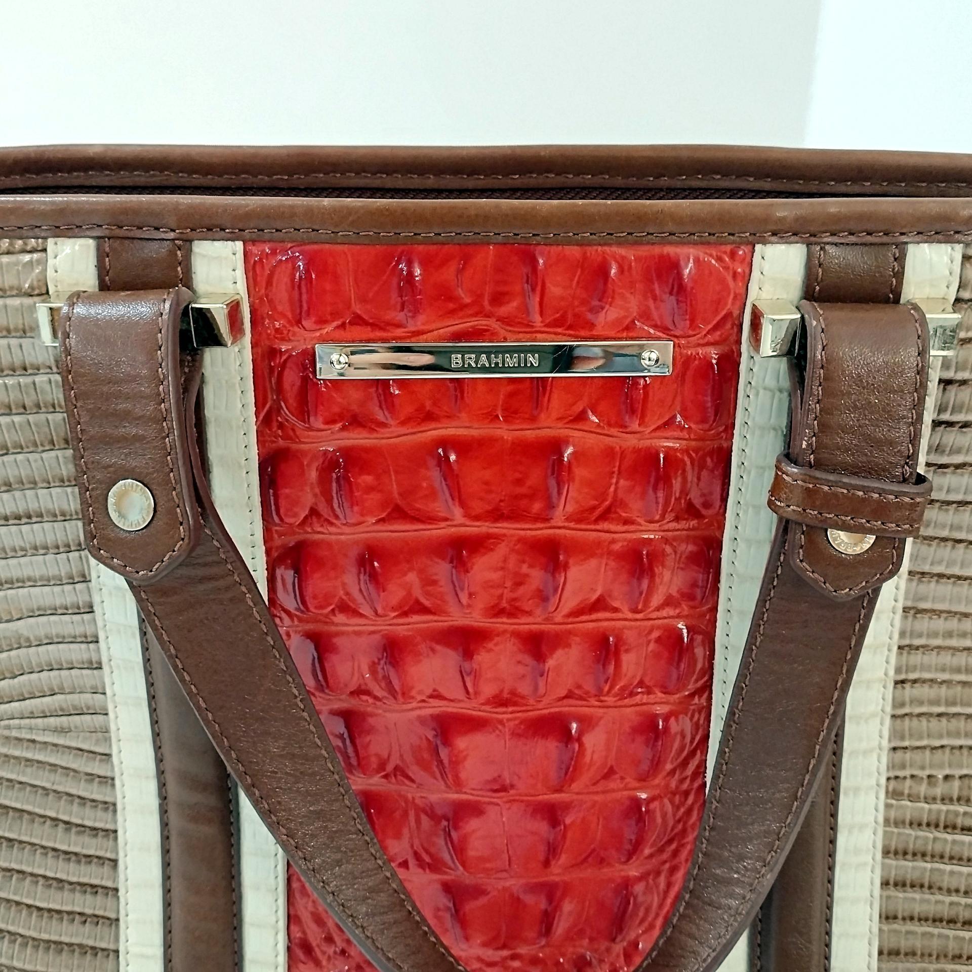 Vintage Brahmin Mini Asher Cabana Leather Shoulder Crossbody Hand Bag, Brahmin Orange Brown Melbourne Collection Crocodile Embossed Purse