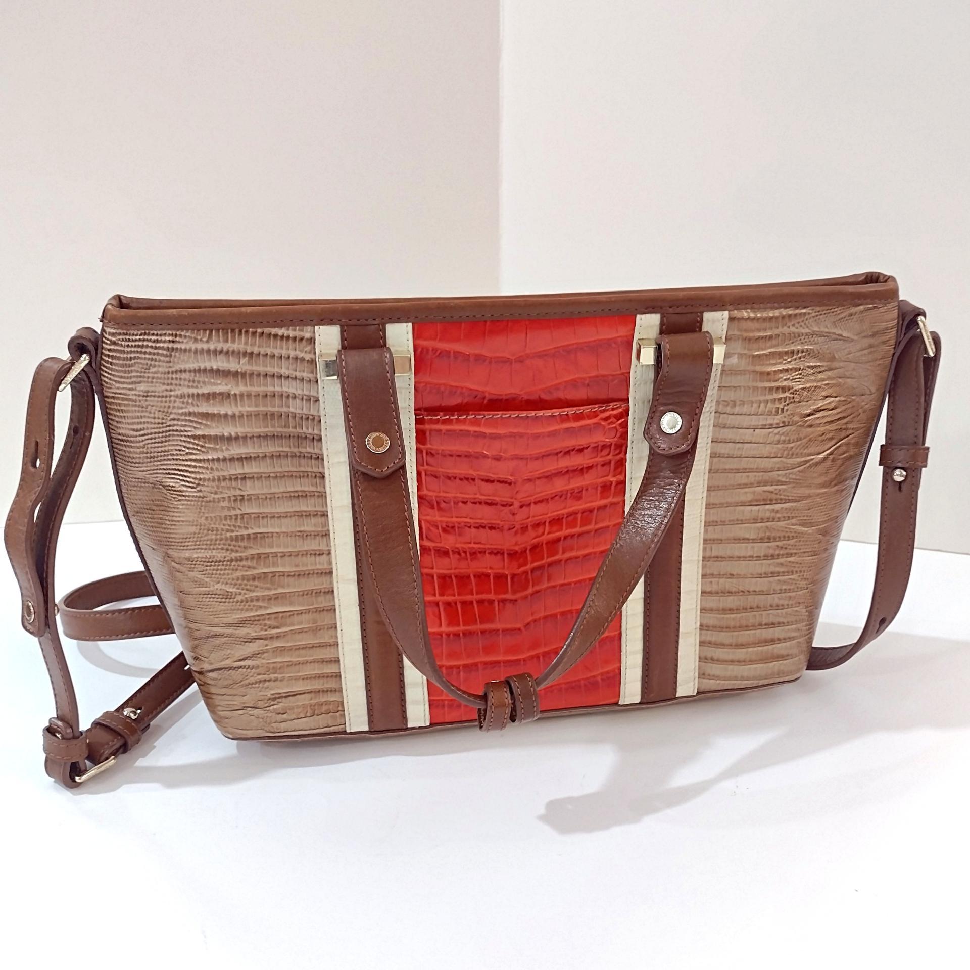 Vintage Brahmin Mini Asher Cabana Leather Shoulder Crossbody Hand Bag, Brahmin Orange Brown Melbourne Collection Crocodile Embossed Purse