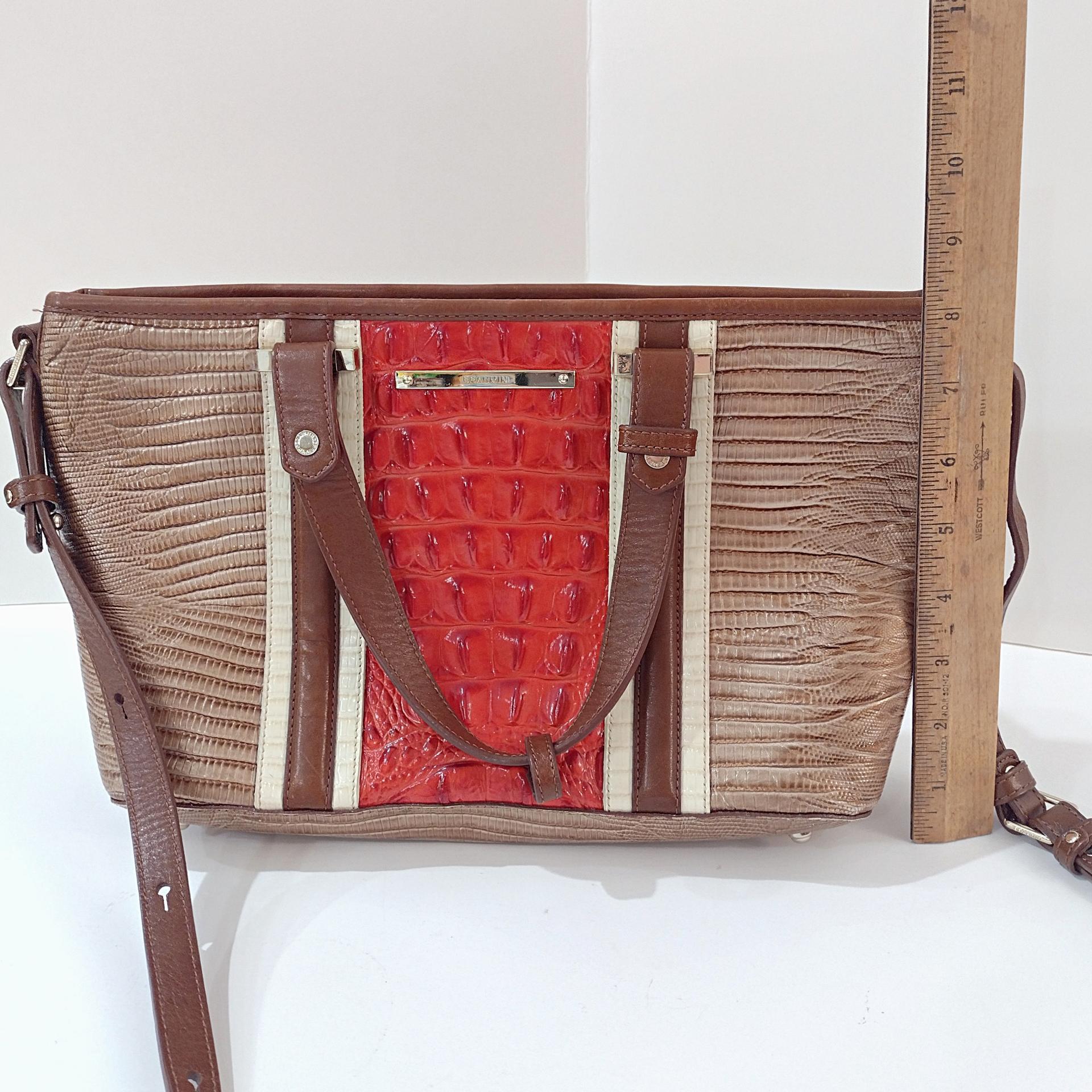 Vintage Brahmin Mini Asher Cabana Leather Shoulder Crossbody Hand Bag, Brahmin Orange Brown Melbourne Collection Crocodile Embossed Purse