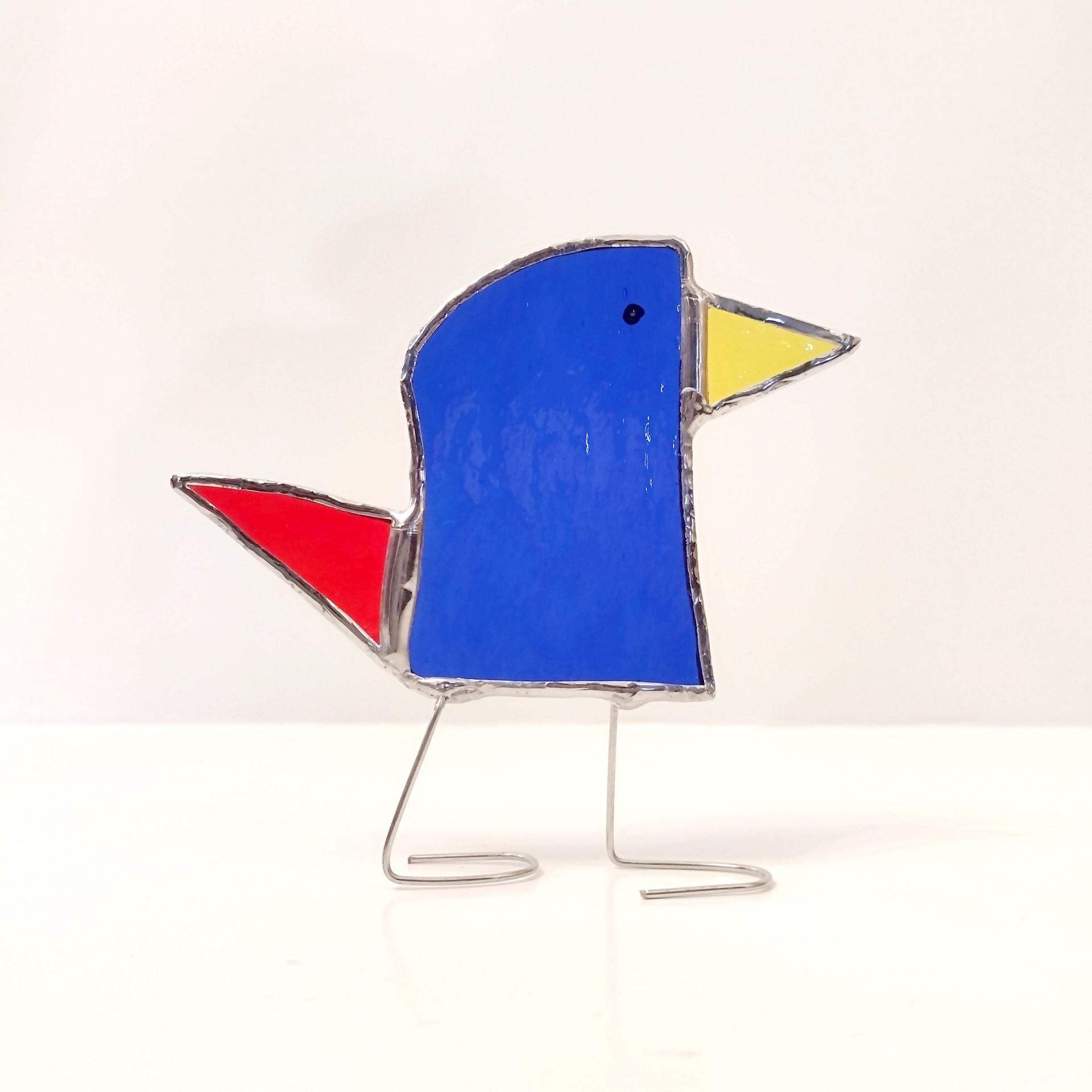 Stained Glass Standing Bird, Funky Glass Bird, Blue and Red Bird Suncatcher, Windowsill Free Standing Bird