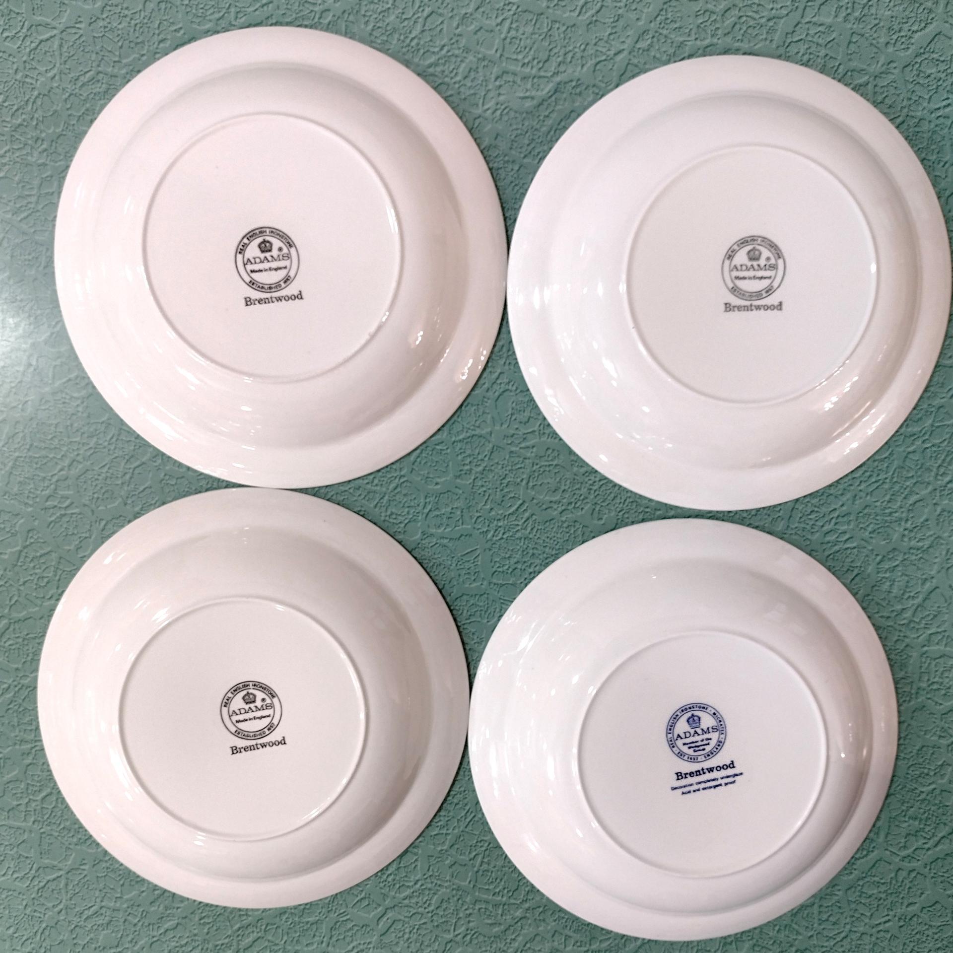 Vintage Adams Brentwood 8" Rimmed Soup Bowls, Set of Four, Real English Ironstone China Blue Clover Pattern, Decorative Plant Trays