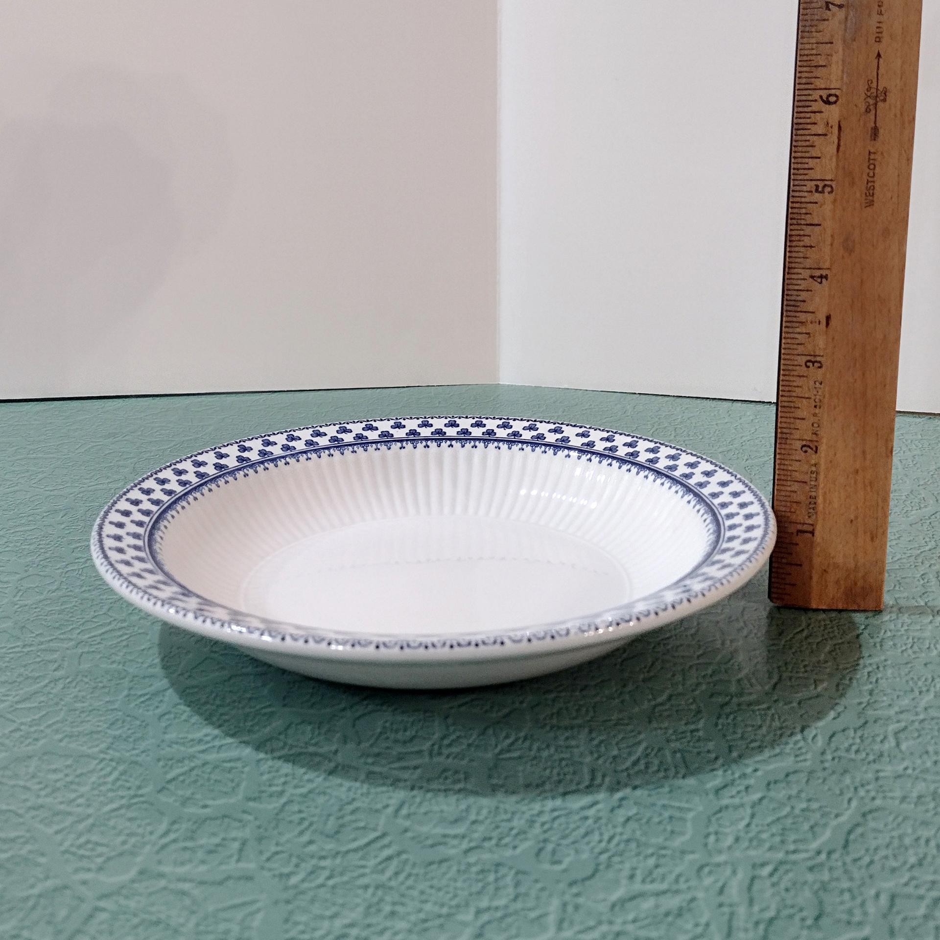 Vintage Adams Brentwood 8" Rimmed Soup Bowls, Set of Four, Real English Ironstone China Blue Clover Pattern, Decorative Plant Trays