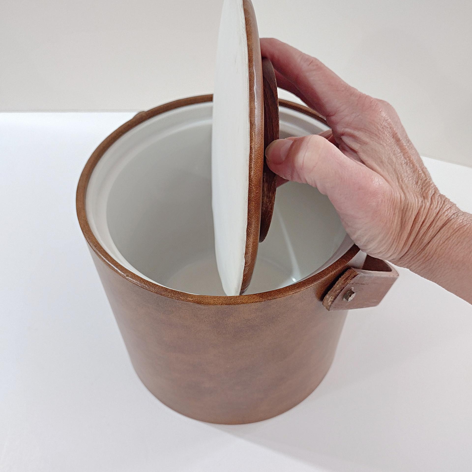 Vintage Georges Briard Faux Leather Vinyl Insulated Ice Bucket with Wooden Handle, 1970's Retro Barware