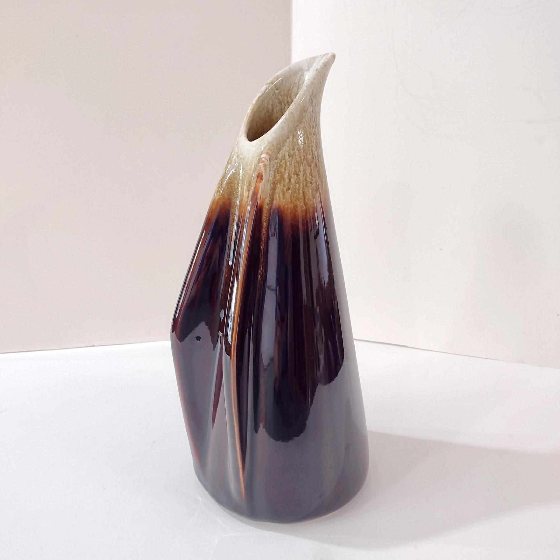 Vintage Brown Drip Glaze Winged Ceramic Pitcher, Water Wine Carafe Decanter, Pottery Vase