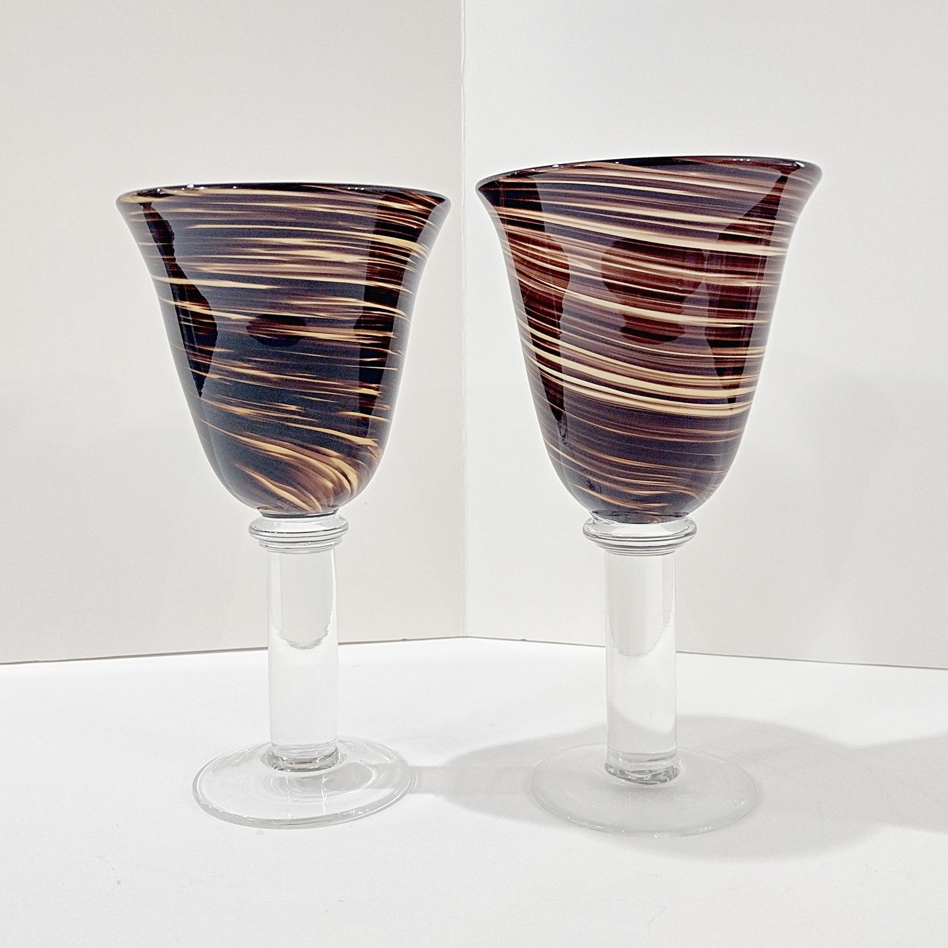 Vintage Hand Blown Brown Swirl Art Glass Goblets, Set of Two, Large Swirled Wine Glasses