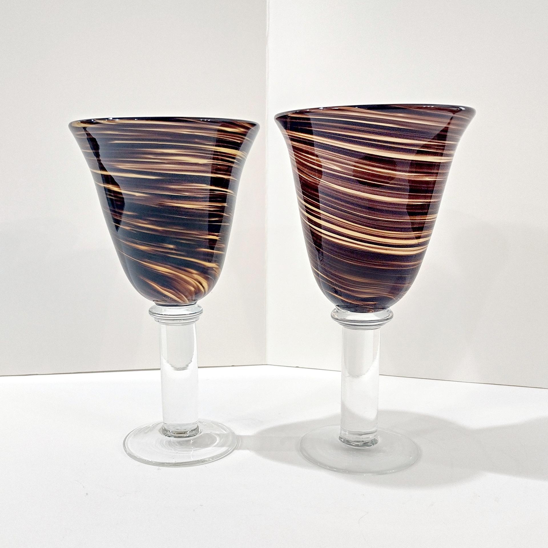Vintage Hand Blown Brown Swirl Art Glass Goblets, Set of Two, Large Swirled Wine Glasses