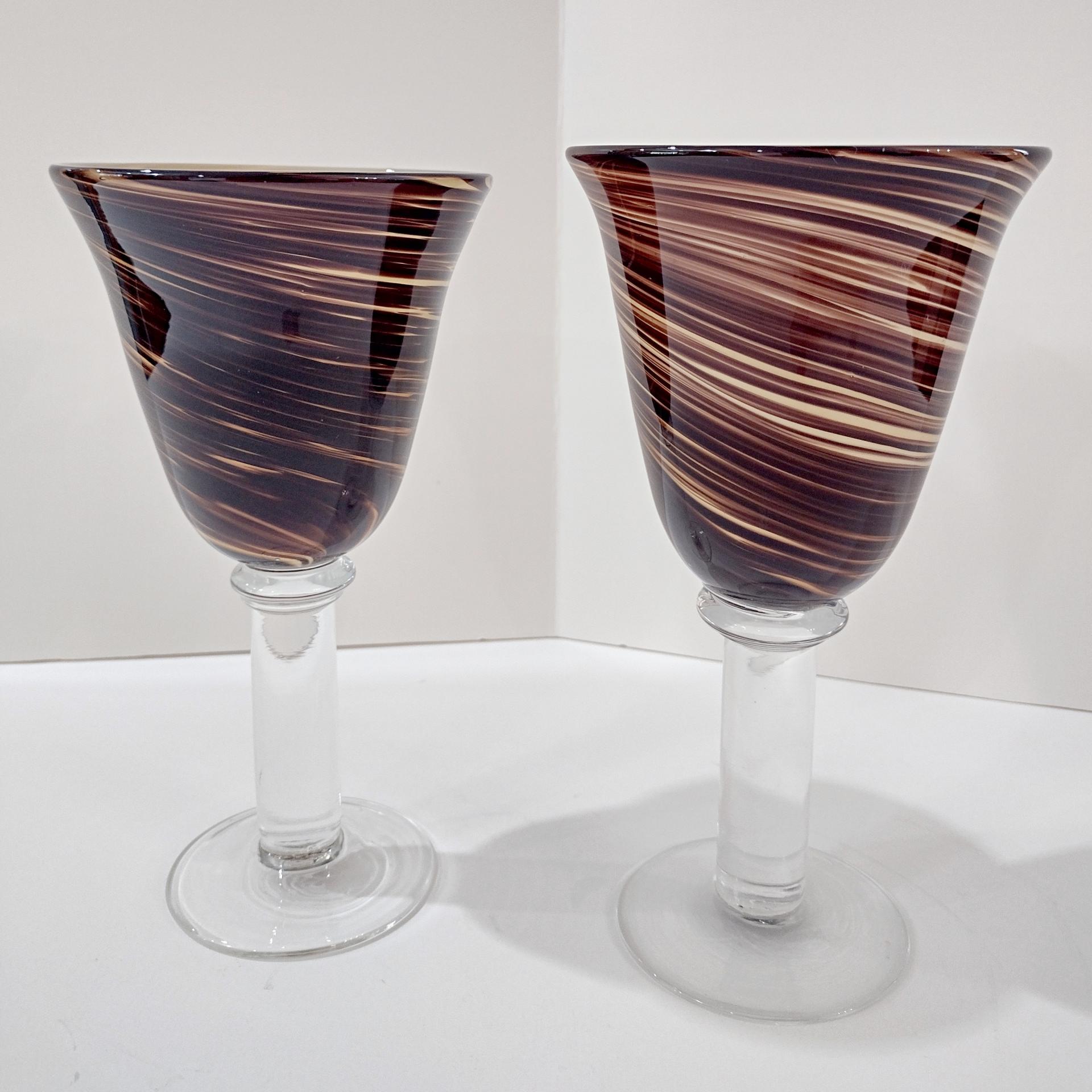 Vintage Hand Blown Brown Swirl Art Glass Goblets, Set of Two, Large Swirled Wine Glasses