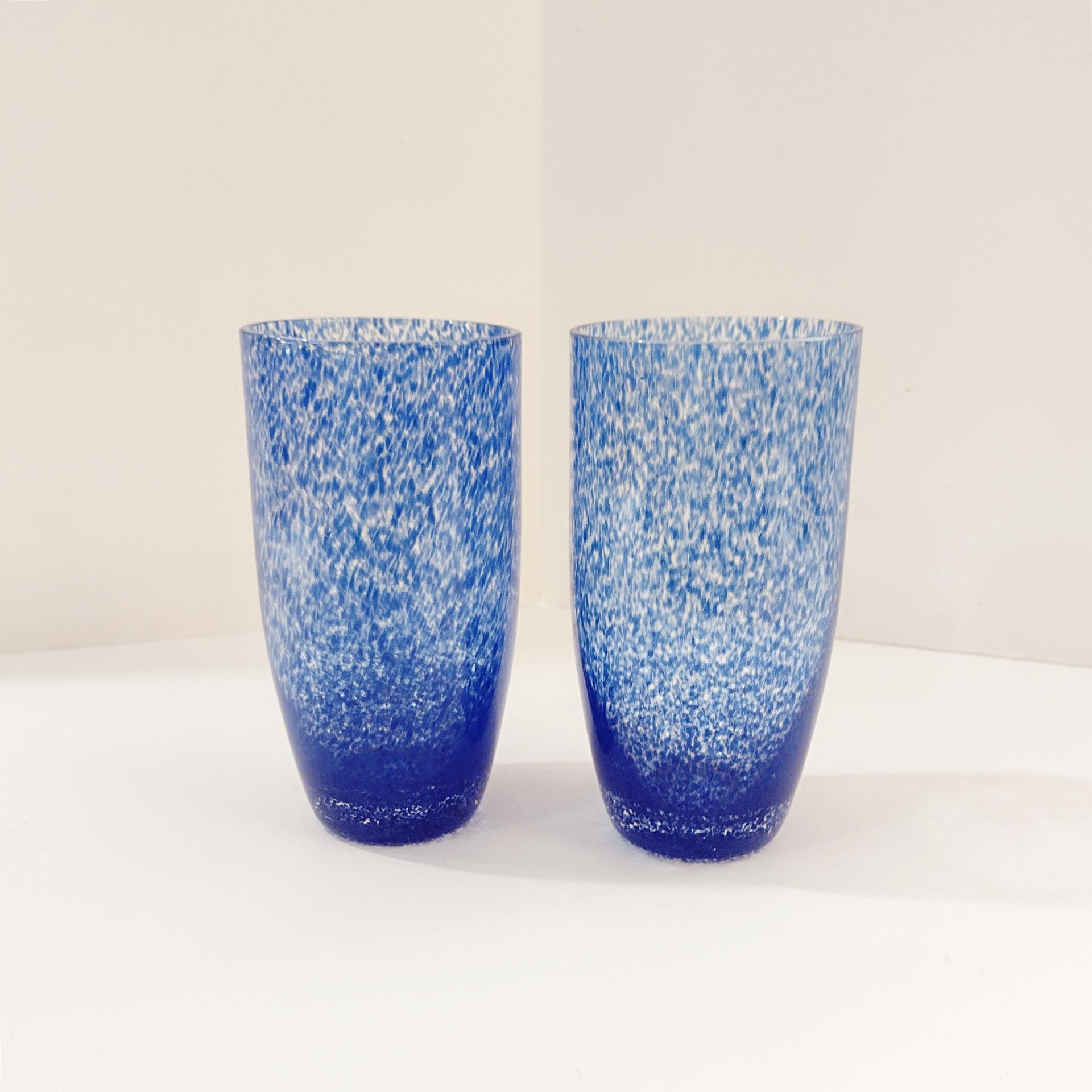 Vintage Blue Splatter Glass Tumblers, Set of Two, 16 Ounce Drinking Glasses