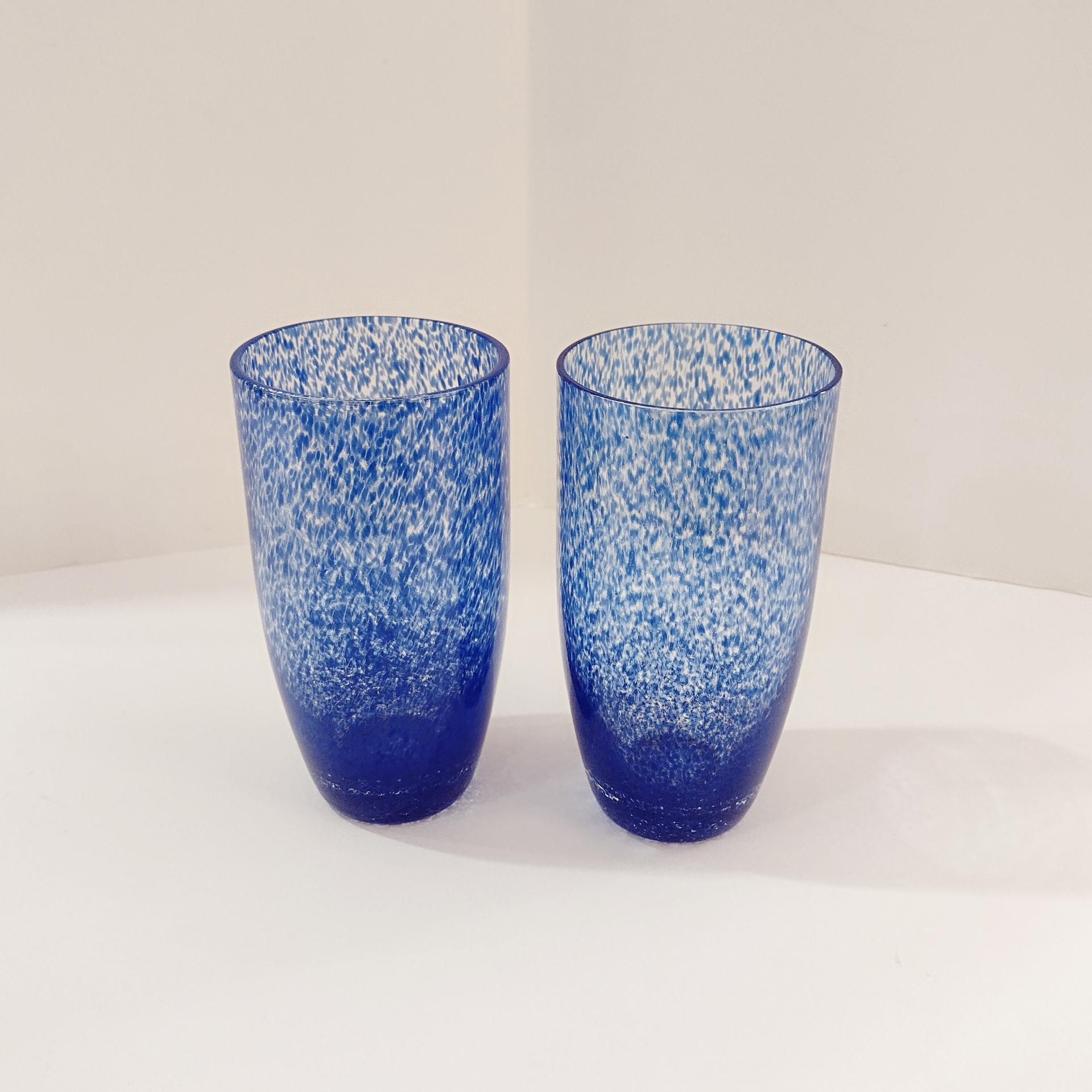 Vintage Blue Splatter Glass Tumblers, Set of Two, 16 Ounce Drinking Glasses
