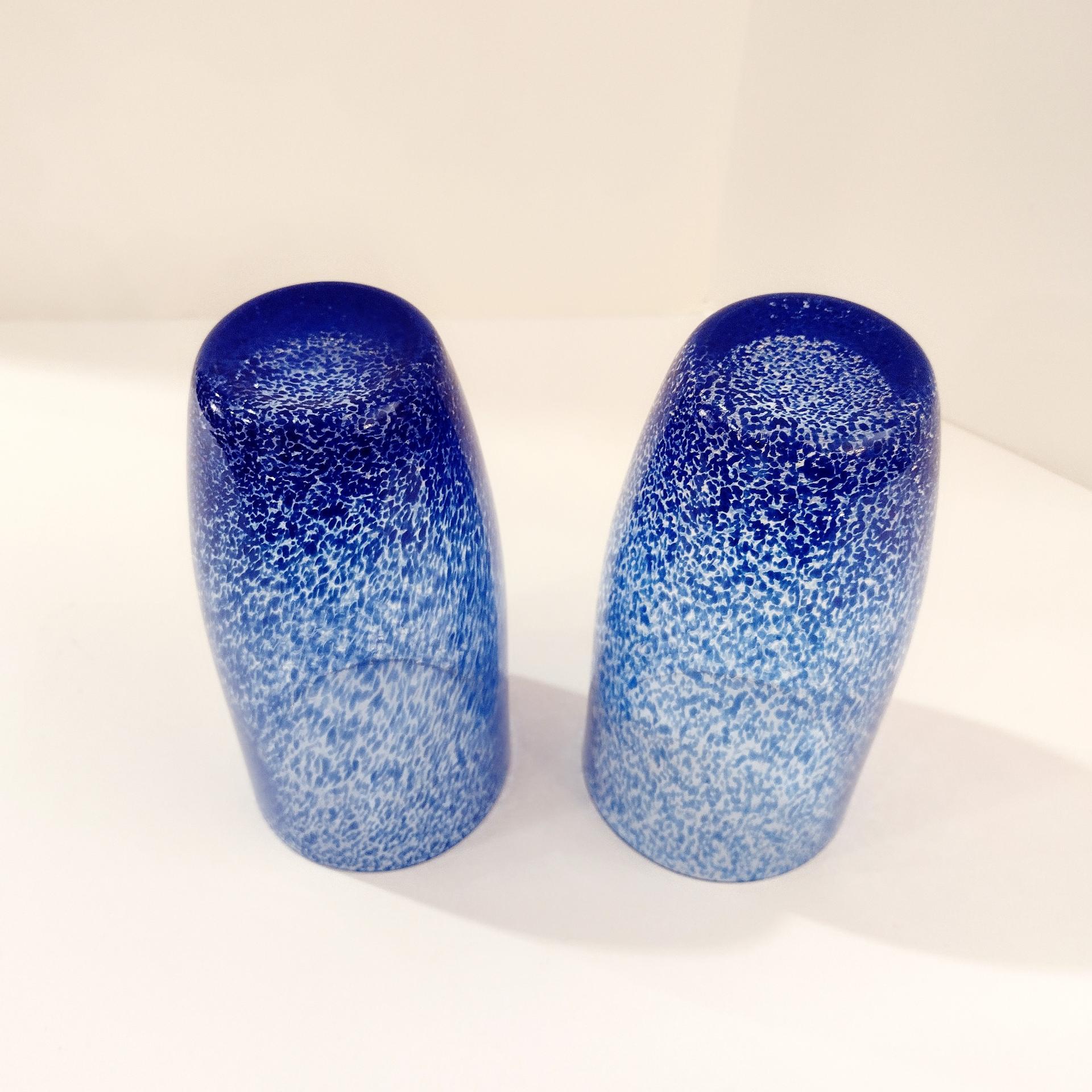 Vintage Blue Splatter Glass Tumblers, Set of Two, 16 Ounce Drinking Glasses