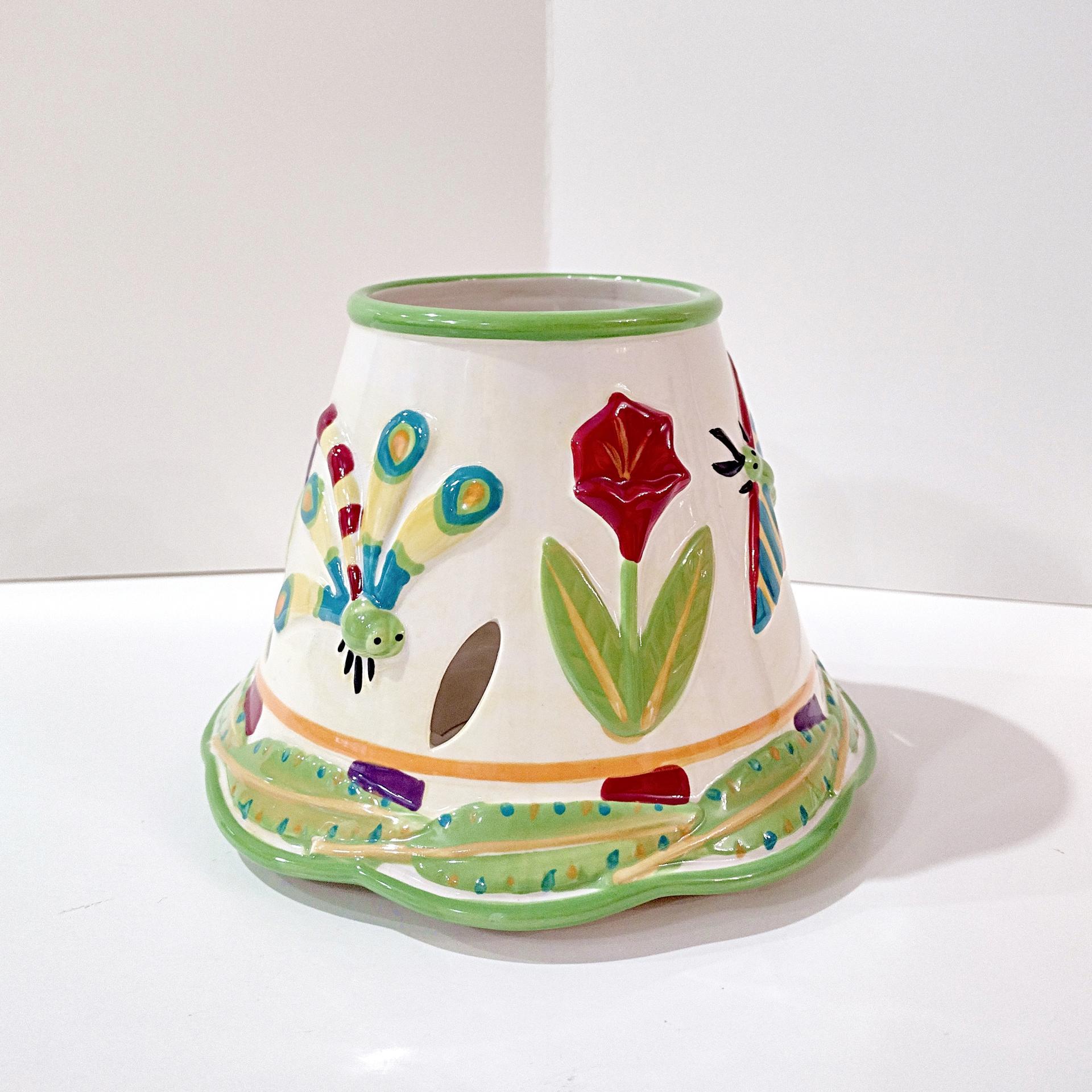 Vintage Yankee Candle Ceramic Shade Jar Topper and Under Plate, Floral Dragonfly Lady Bug Design