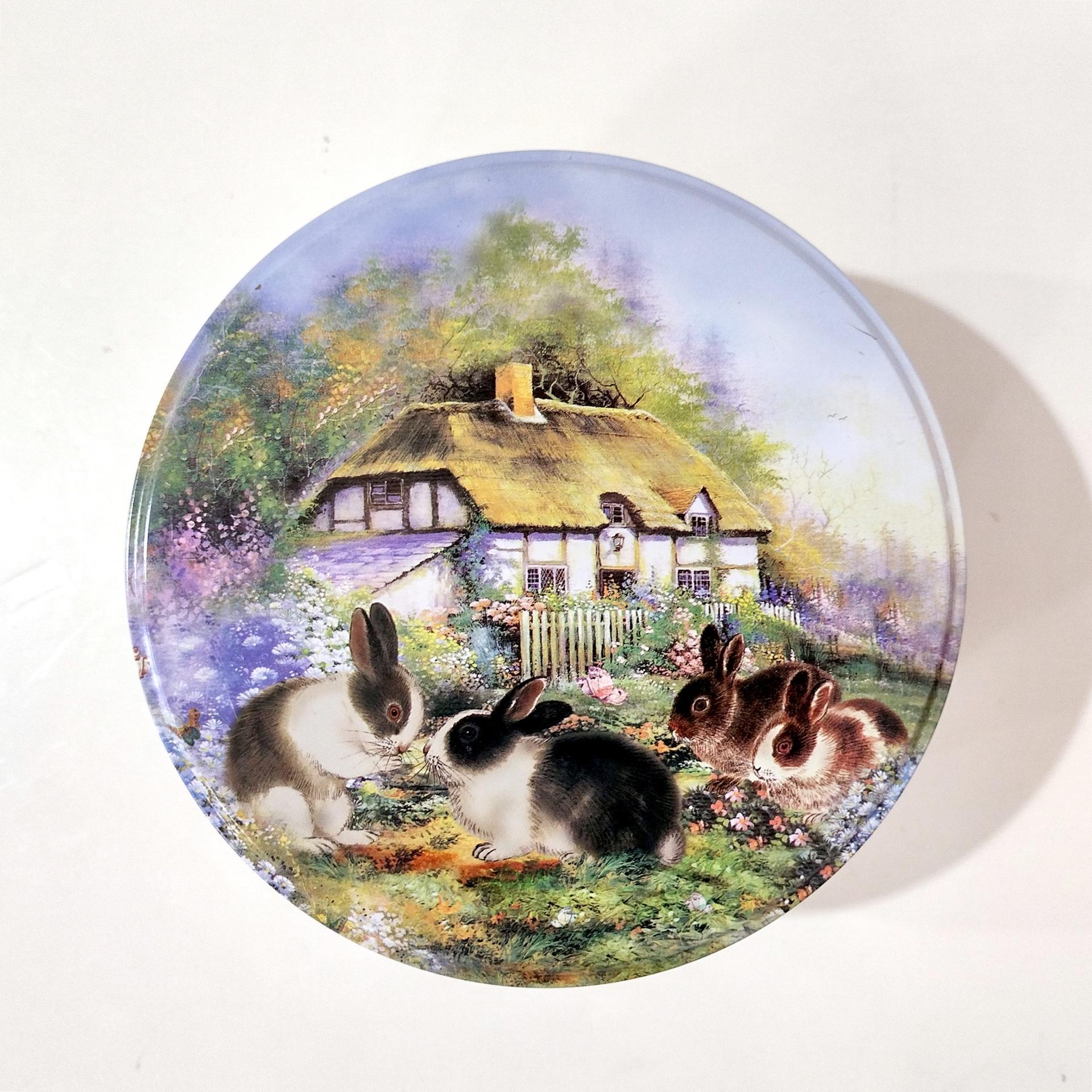 Vintage Bunny Rabbit Flower Garden Country House Scene Round Metal Tin, Easter Spring Storage Gift Container