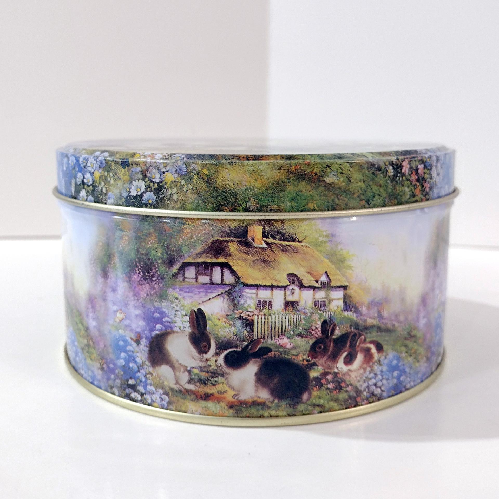 Vintage Bunny Rabbit Flower Garden Country House Scene Round Metal Tin, Easter Spring Storage Gift Container