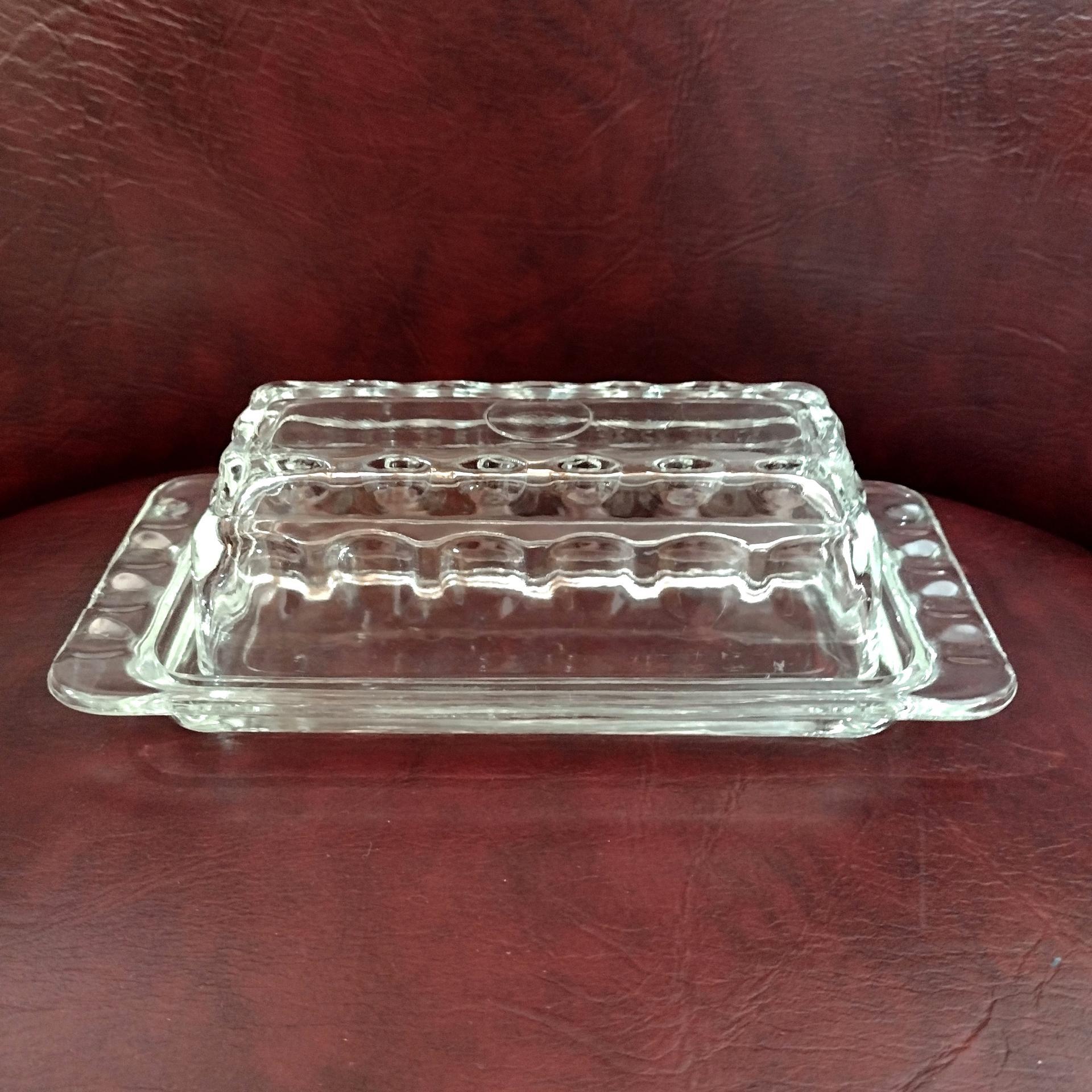 Vintage Clear Glass Butter Dish with Thumbprint Design