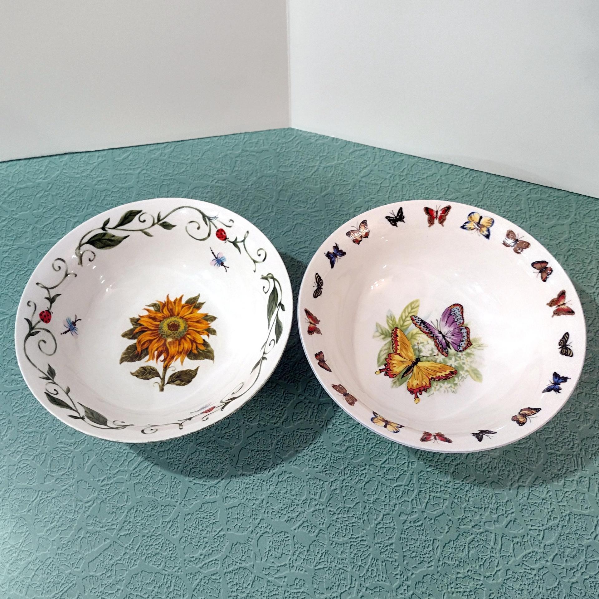 Vintage Tabletops Unlimited Butterflies and Botanical Garden Coupe Cereal Bowls, Set of Two