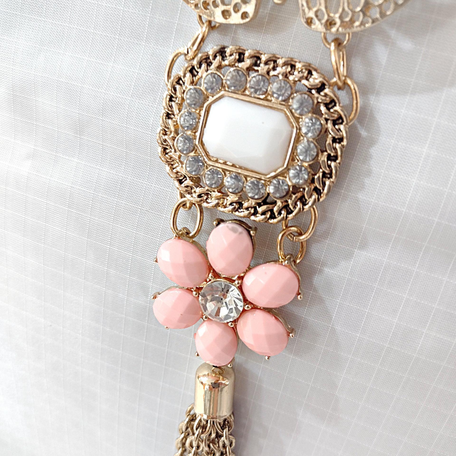 Vintage Butterfly and Pink Flower Gold Tone Tassel Statement Necklace, Erica Lyons Lavalier Butterfly Necklace