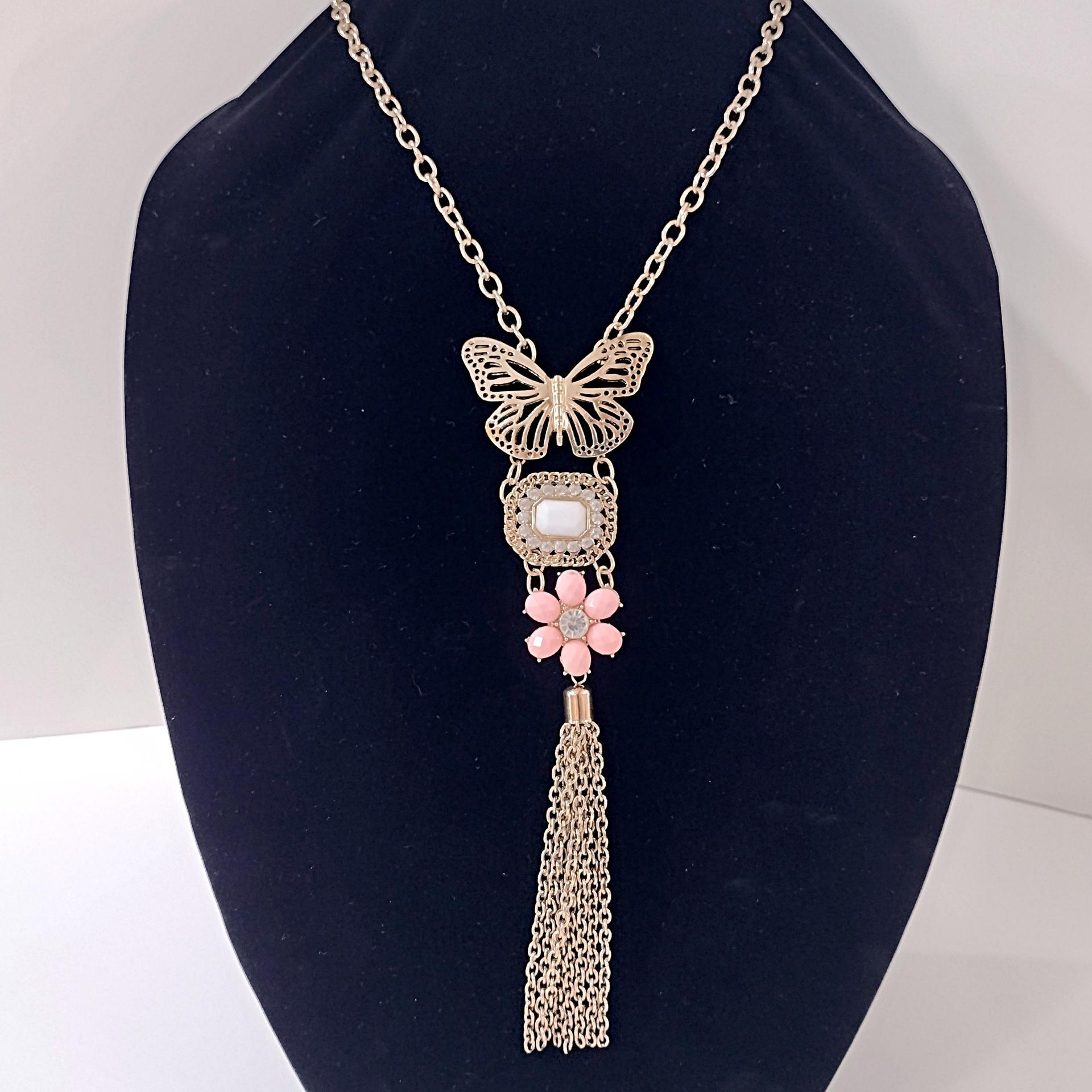 Vintage Butterfly and Pink Flower Gold Tone Tassel Statement Necklace, Erica Lyons Lavalier Butterfly Necklace