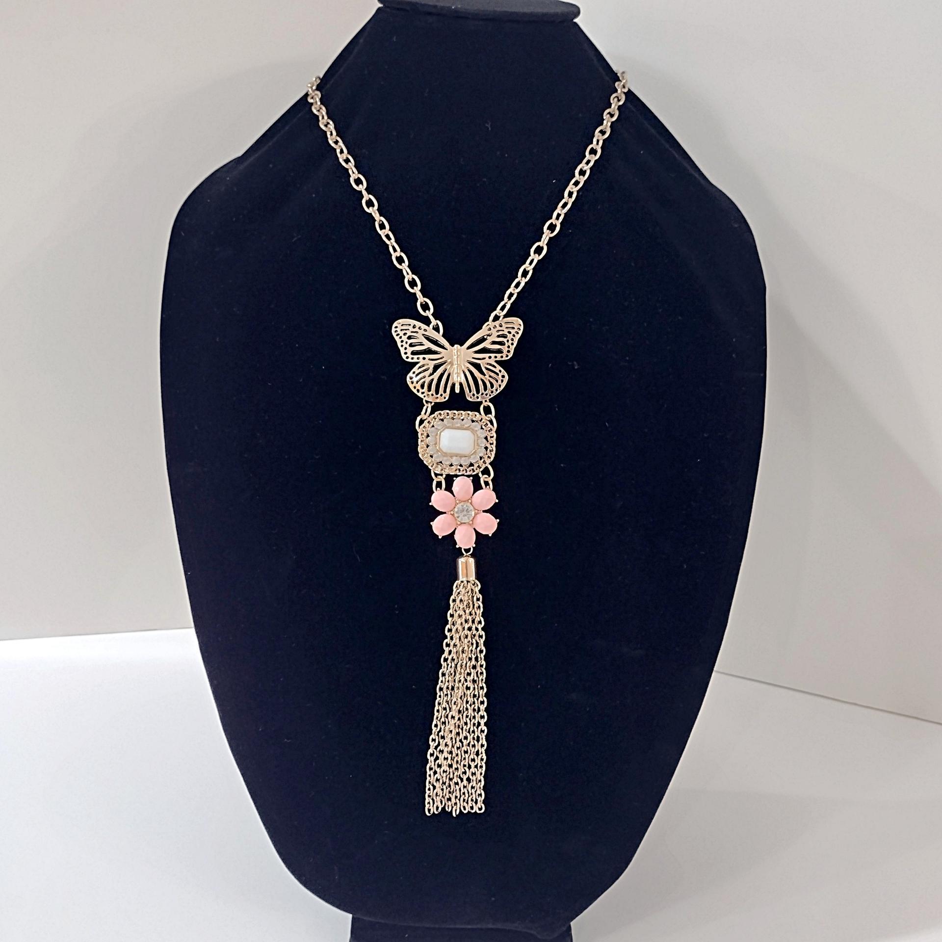Vintage Butterfly and Pink Flower Gold Tone Tassel Statement Necklace, Erica Lyons Lavalier Butterfly Necklace