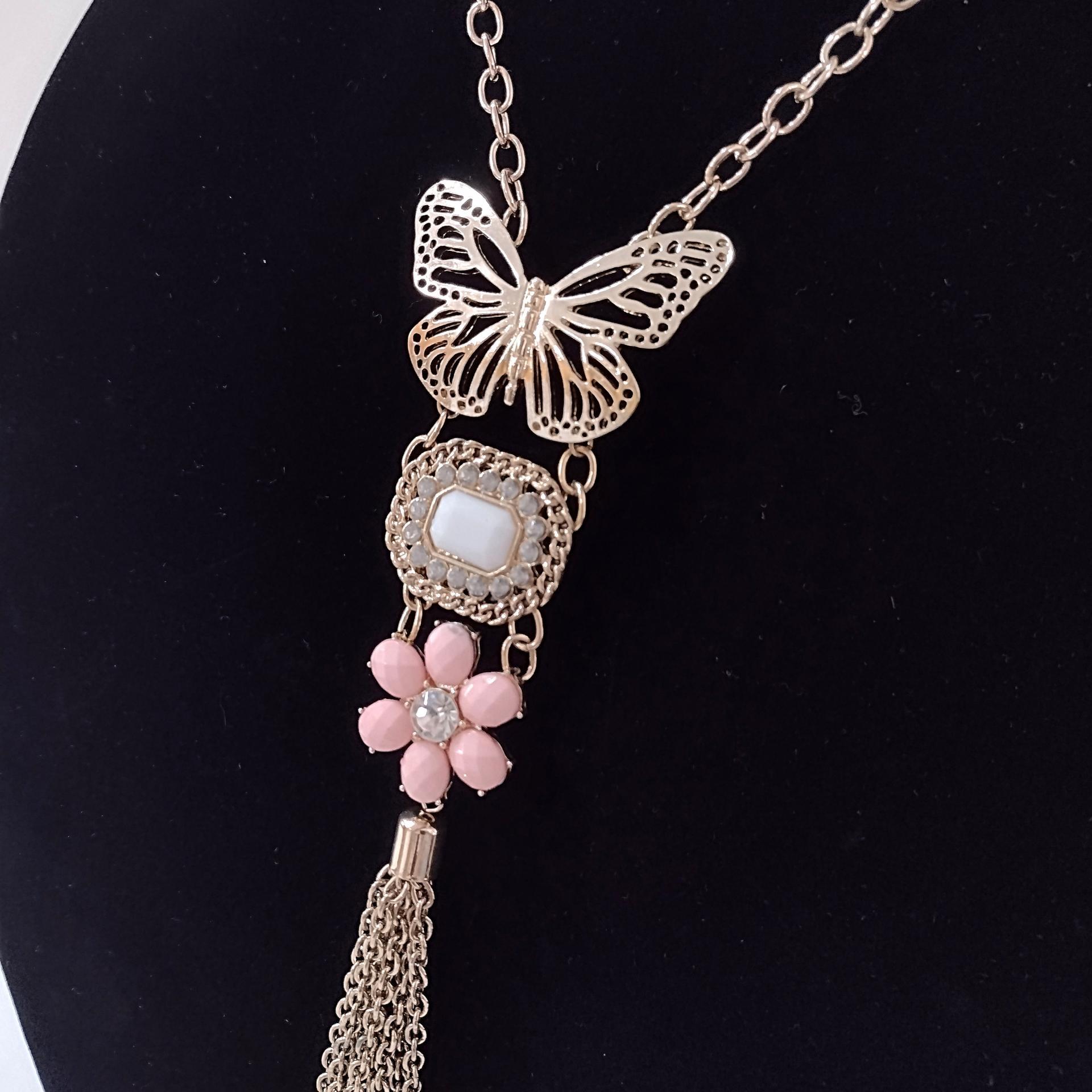Vintage Butterfly and Pink Flower Gold Tone Tassel Statement Necklace, Erica Lyons Lavalier Butterfly Necklace