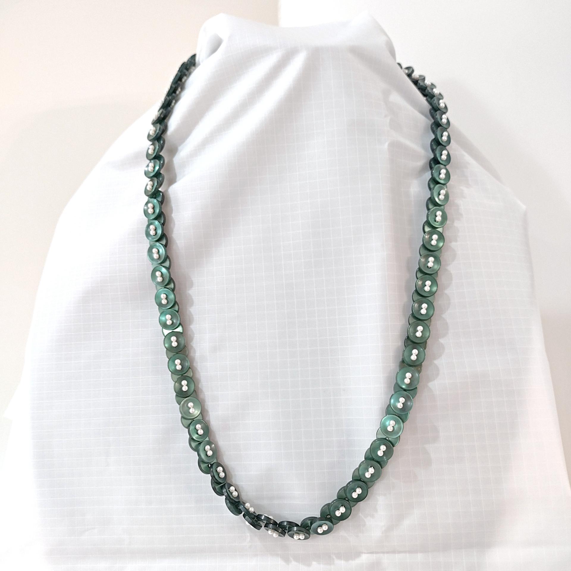Vintage Handcrafted Green Button and Pearl Beaded Necklace