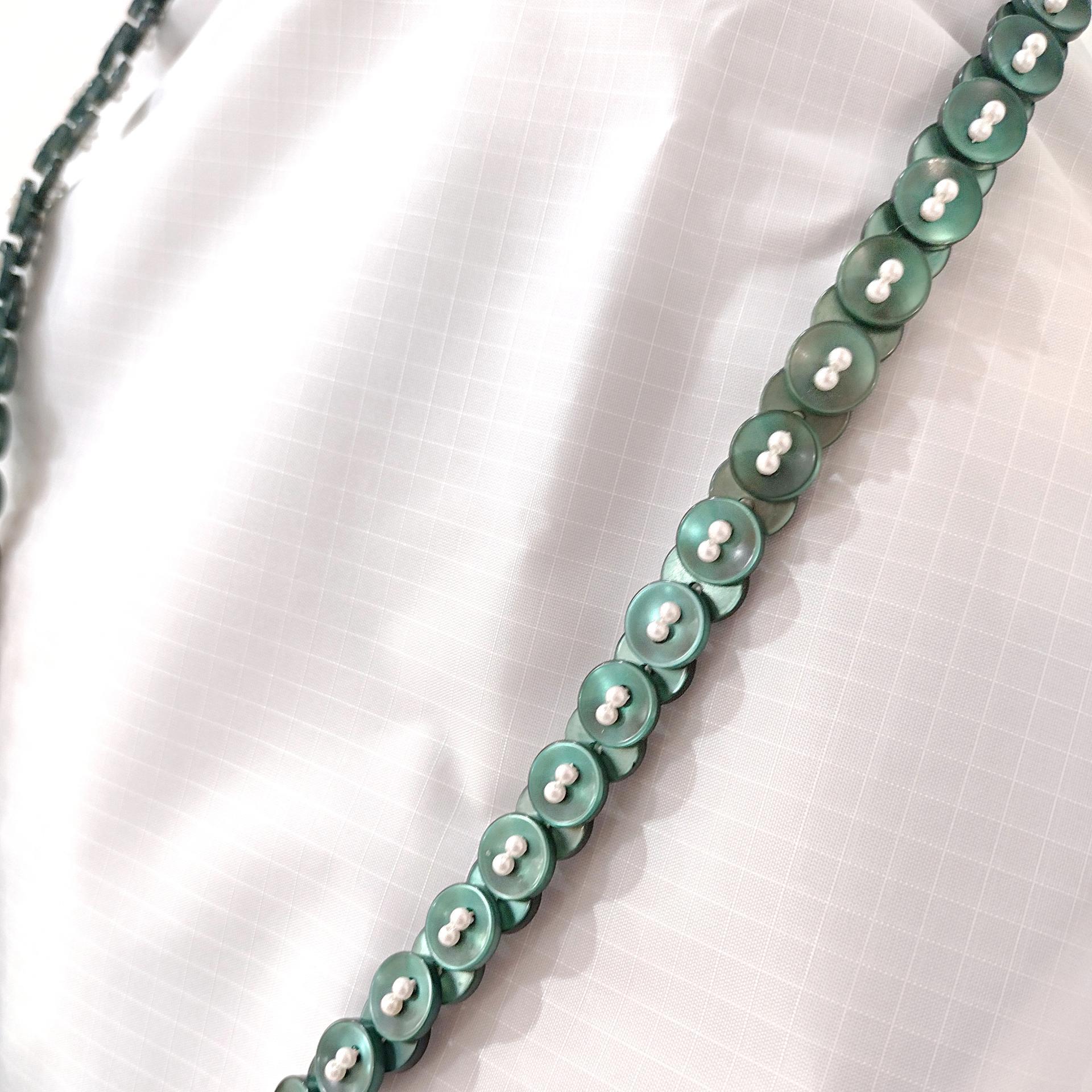 Vintage Handcrafted Green Button and Pearl Beaded Necklace