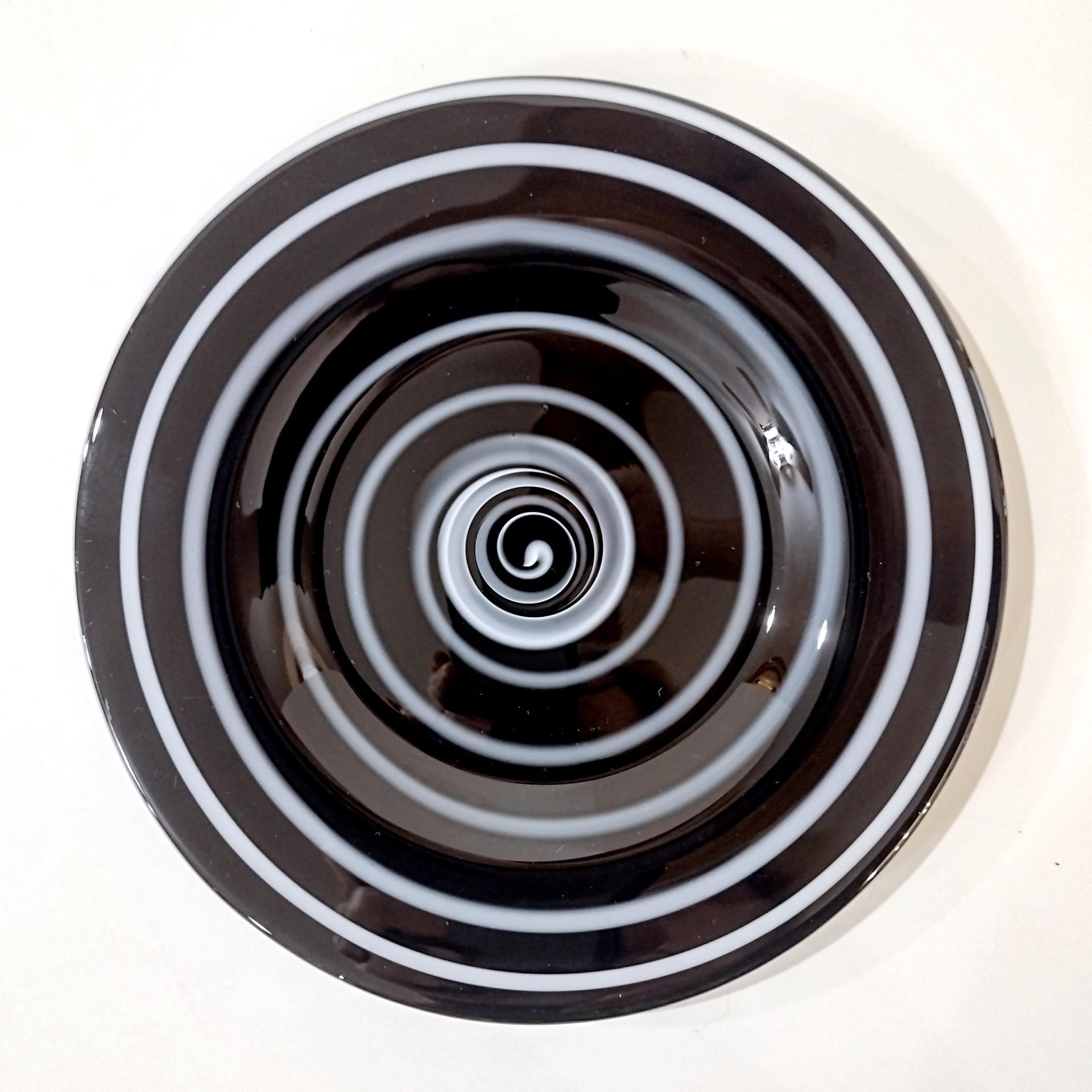 Vintage Black and White Spiral Swirled Art Glass Salad Dessert Luncheon Plates, Set of Two