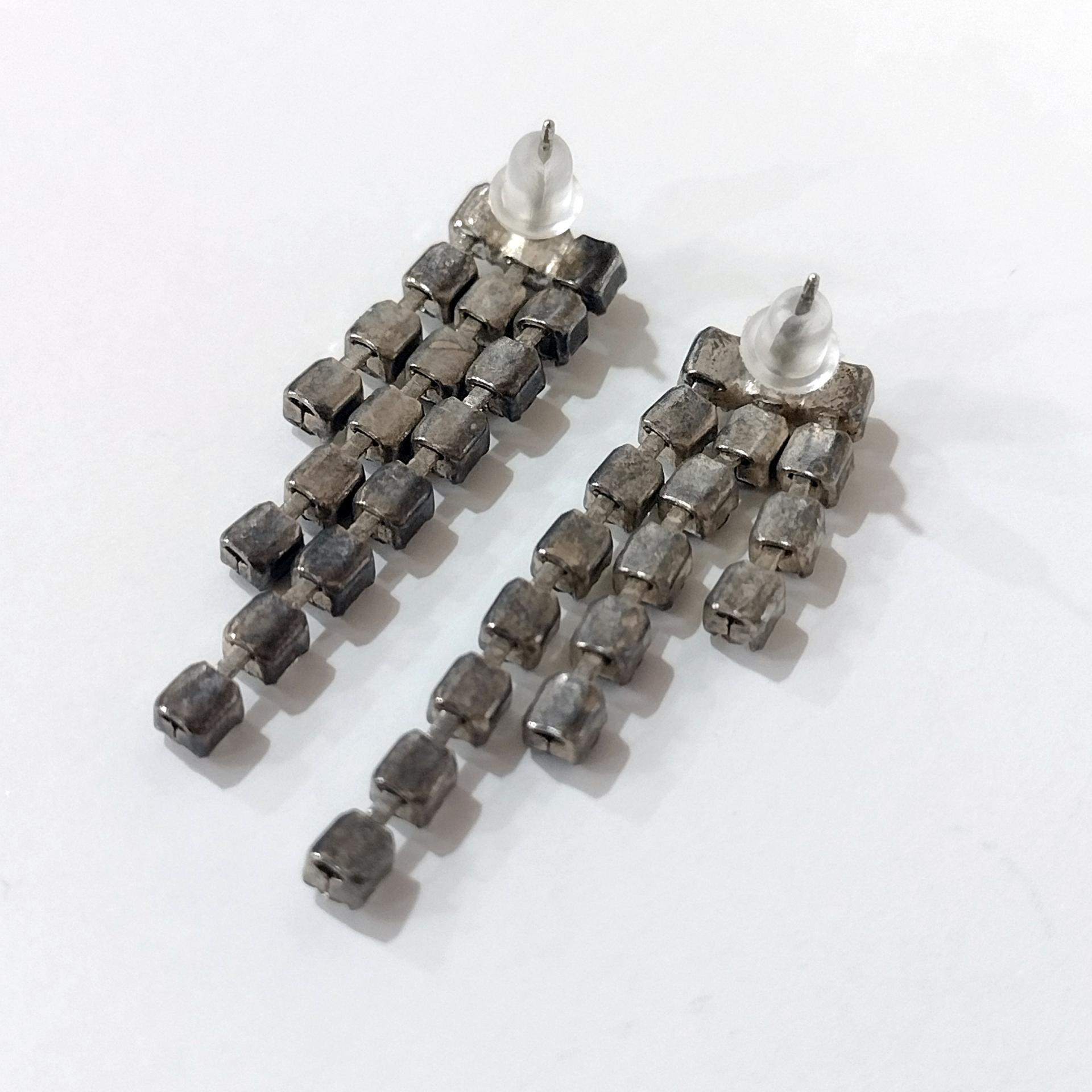 Vintage Black and Clear Rhinestone Triple Strand Dangle Stud Earrings