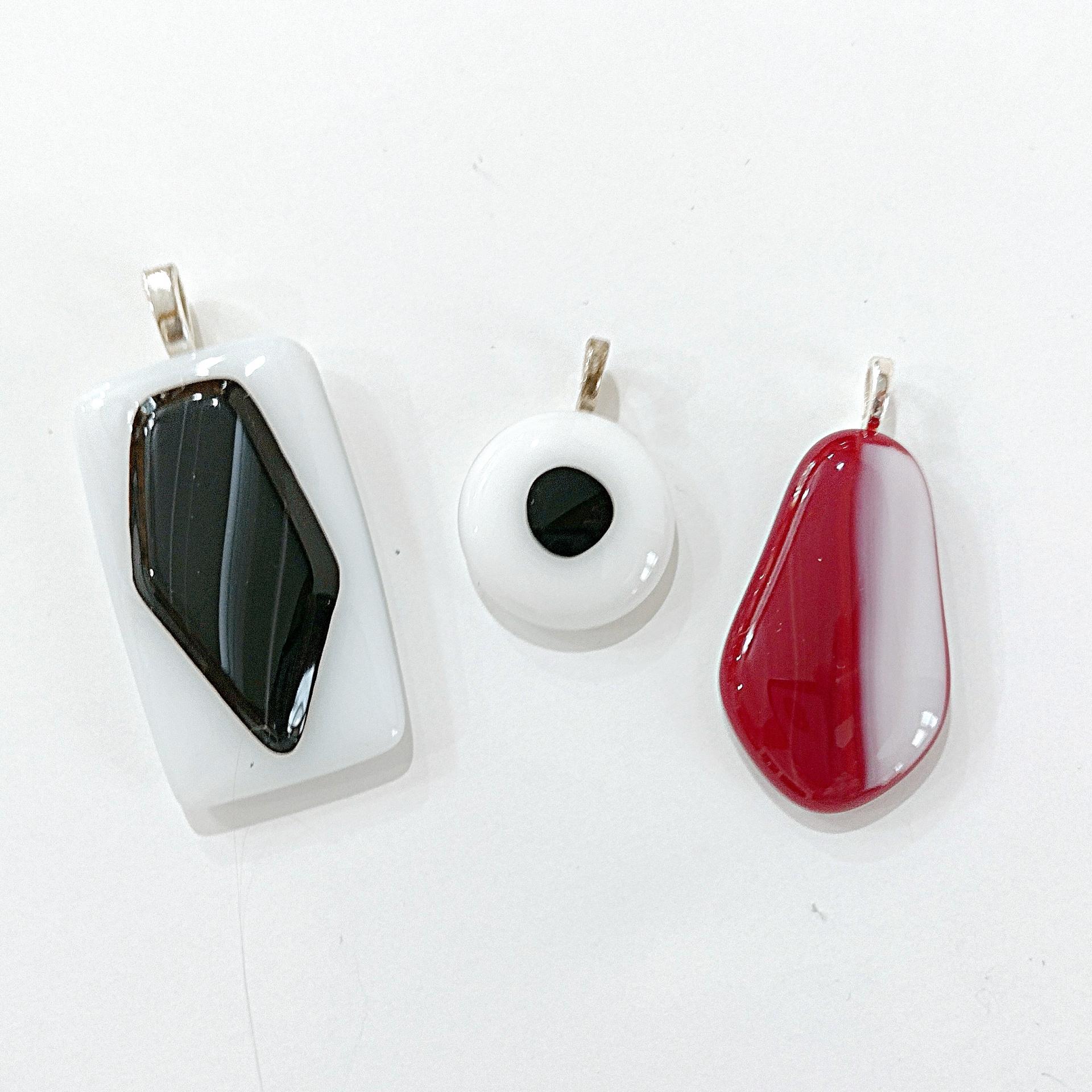 Set of 3 Fused Glass Pendants, Black White Red Art Glass Pendant Charms
