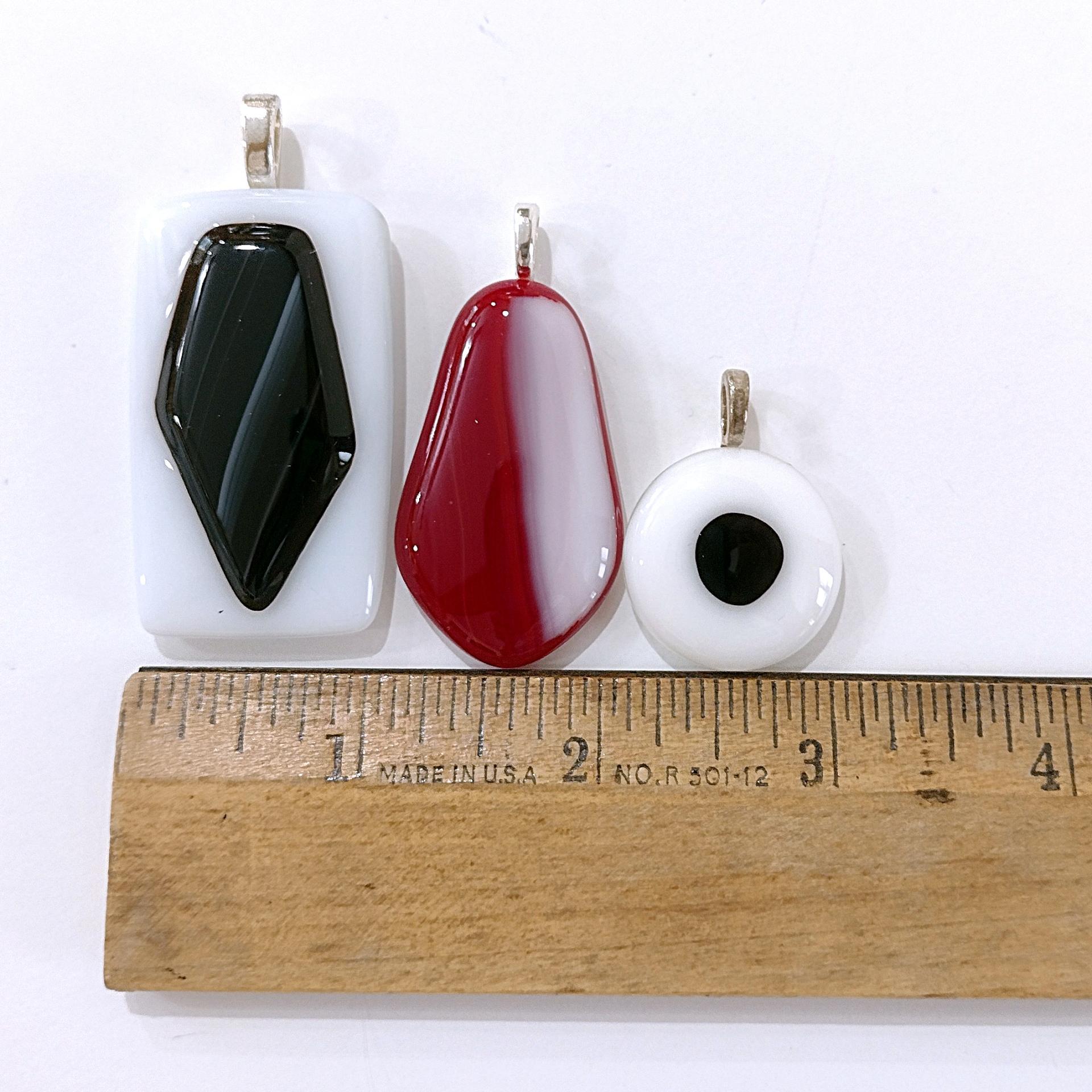 Set of 3 Fused Glass Pendants, Black White Red Art Glass Pendant Charms