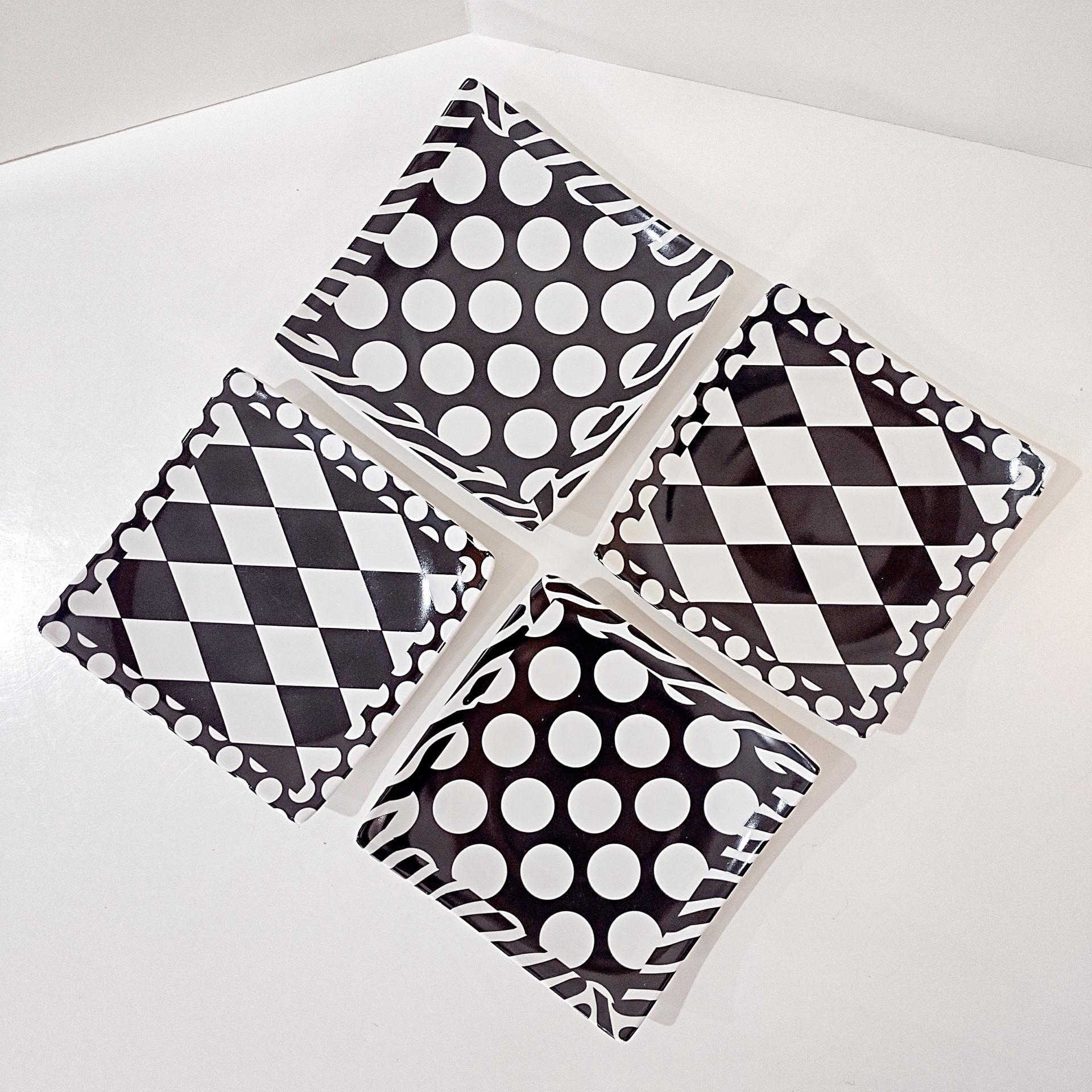 Vintage Black and White Checkered Polka Dot Cocktail Appetizer Plates, Set of 4