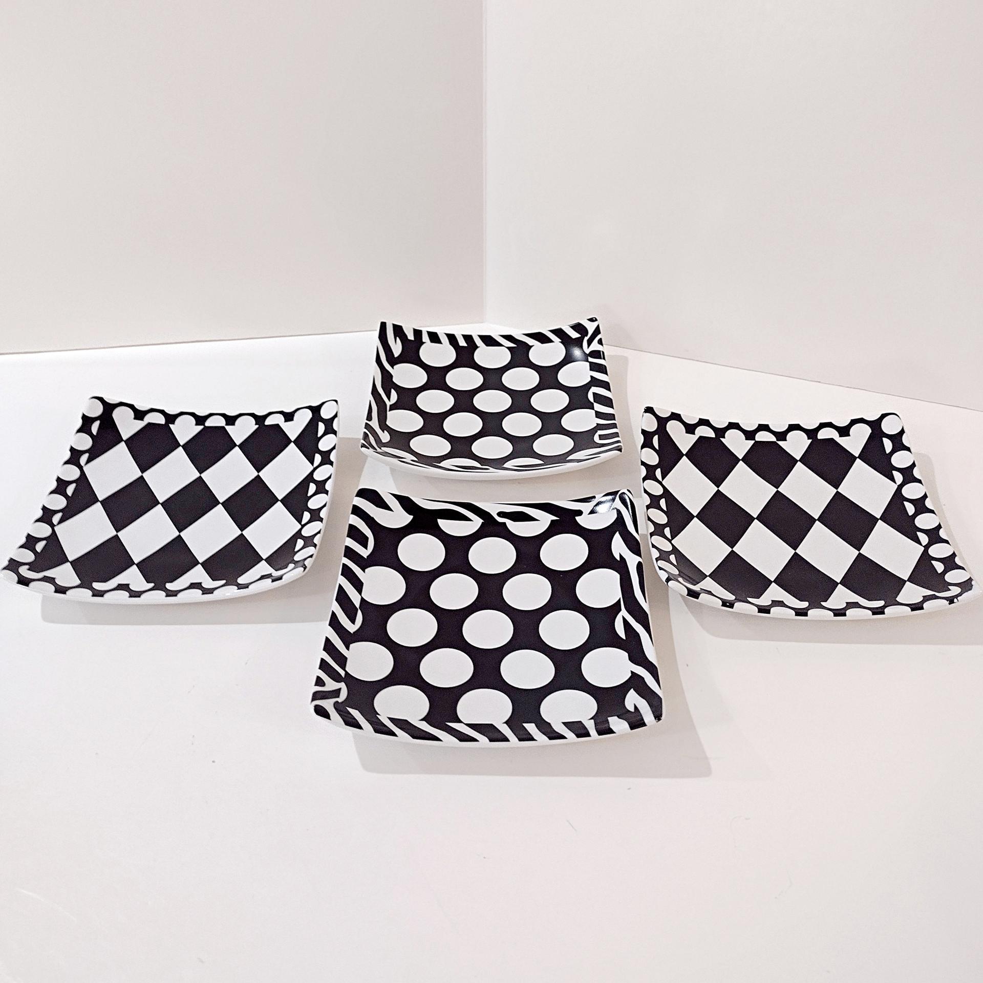Vintage Black and White Checkered Polka Dot Cocktail Appetizer Plates, Set of 4