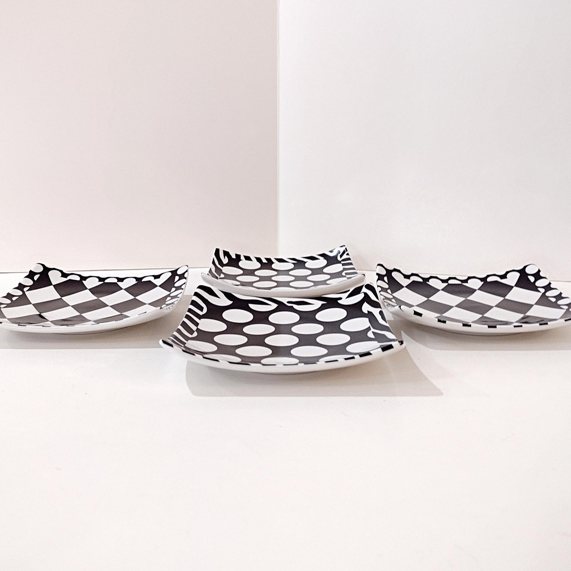 Vintage Black and White Checkered Polka Dot Cocktail Appetizer Plates, Set of 4