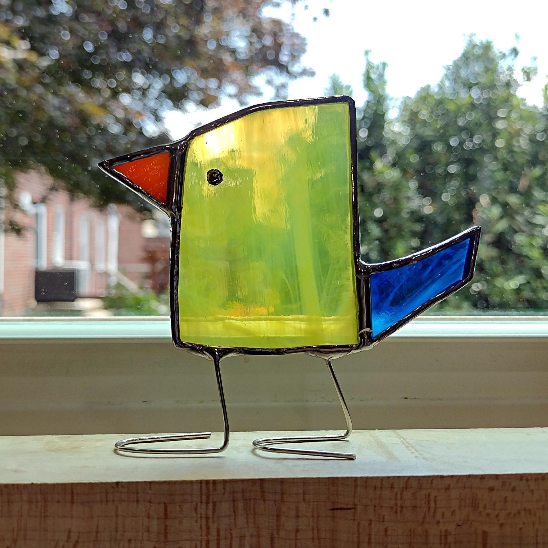 Stained Glass Standing Bird, Funky Yellow and Blue Glass Bird Suncatcher, Bird Lover Gift, Windowsill Sitter