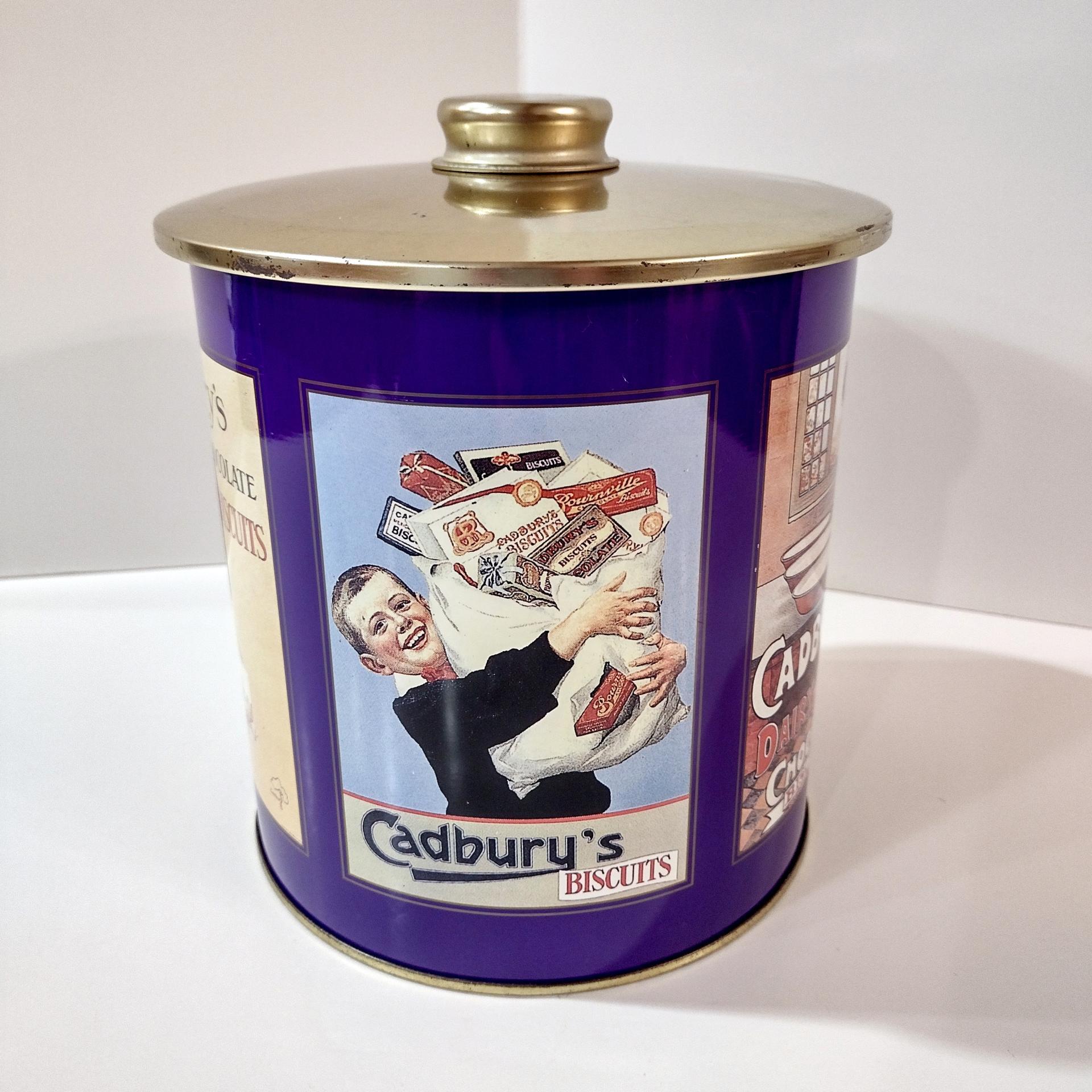Vintage Cadbury Chocolate Snowman Cookies Tin, Round Cylinder Storage Container with Moisture Absorbing Lid