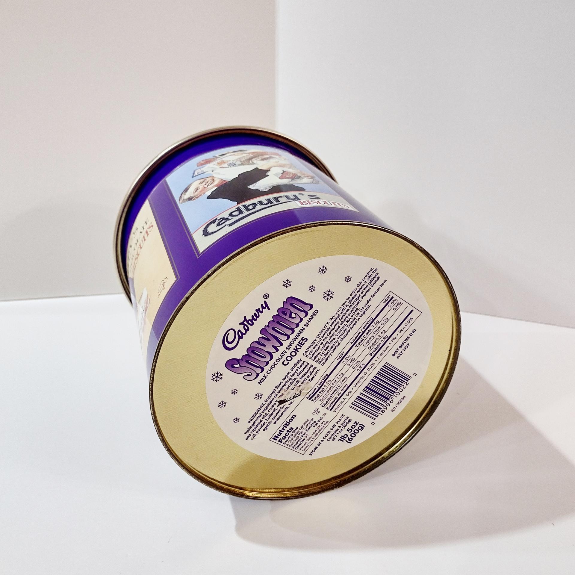 Vintage Cadbury Chocolate Snowman Cookies Tin, Round Cylinder Storage Container with Moisture Absorbing Lid