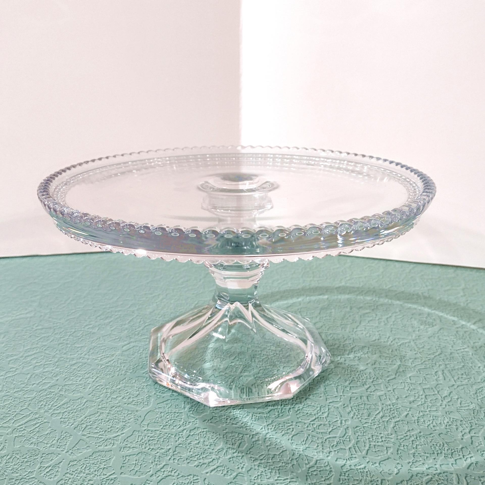 Antique Heisey Puritan 341 Clear Pressed Glass Pedestal Cake Stand with Beaded Lip, Vintage EAPG Pastry Dessert Display Plate