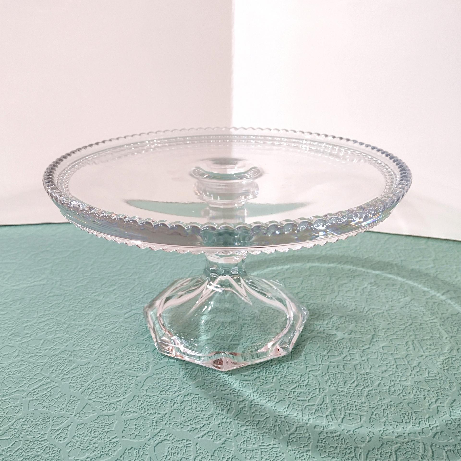 Antique Heisey Puritan 341 Clear Pressed Glass Pedestal Cake Stand with Beaded Lip, Vintage EAPG Pastry Dessert Display Plate