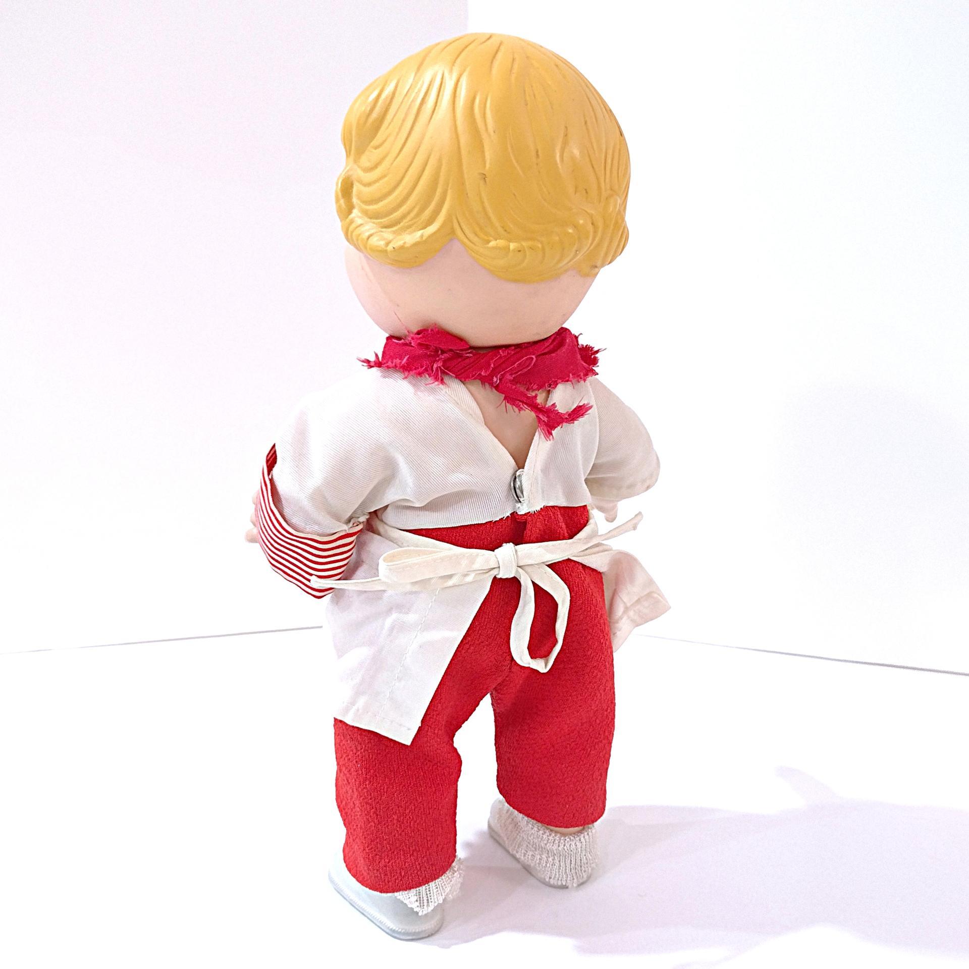 Vintage 1960's Campbells Soup Kids Doll with Red and White Dress, Poseable Campbell's Kids Blonde Boy Doll