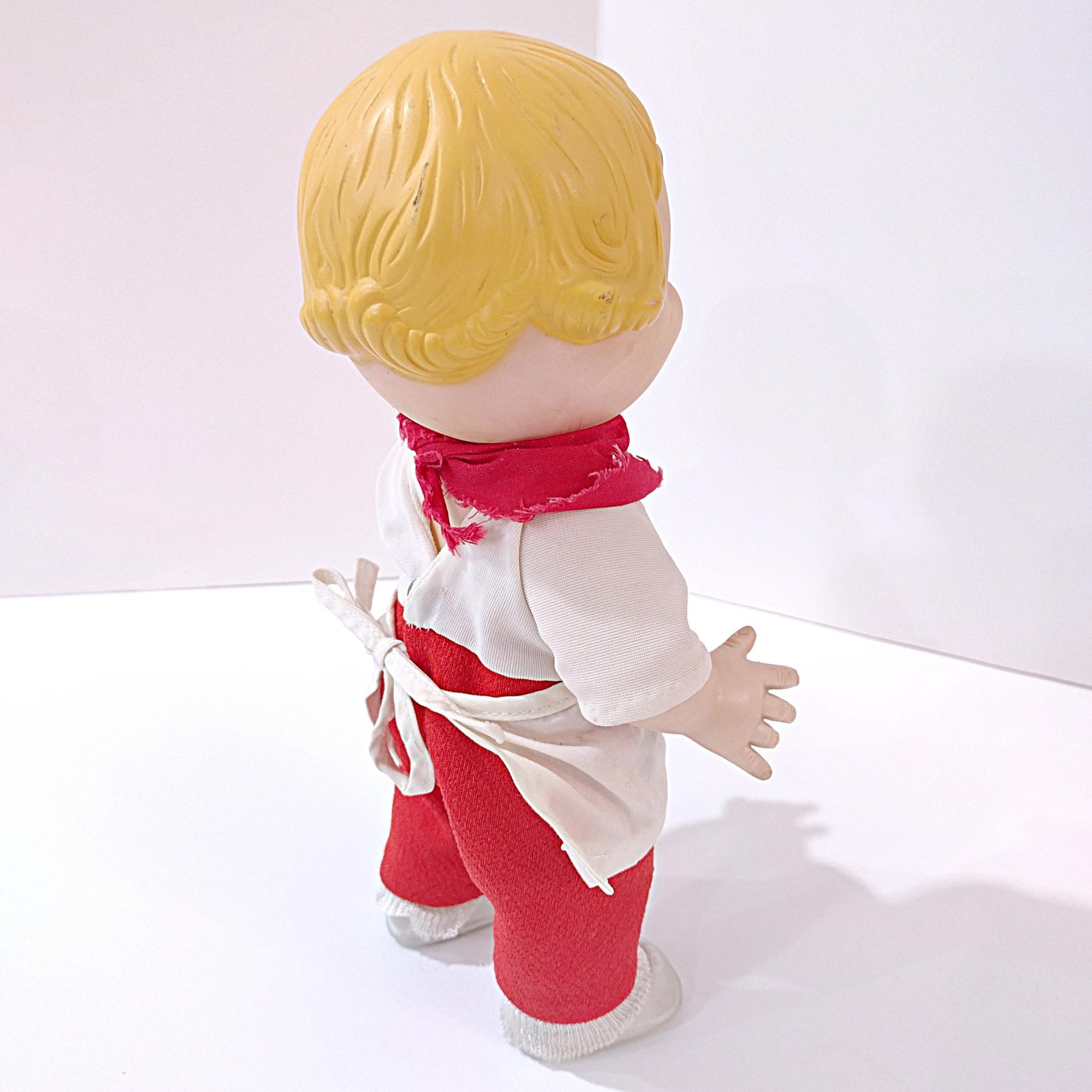 Vintage 1960's Campbells Soup Kids Doll with Red and White Dress, Poseable Campbell's Kids Blonde Boy Doll