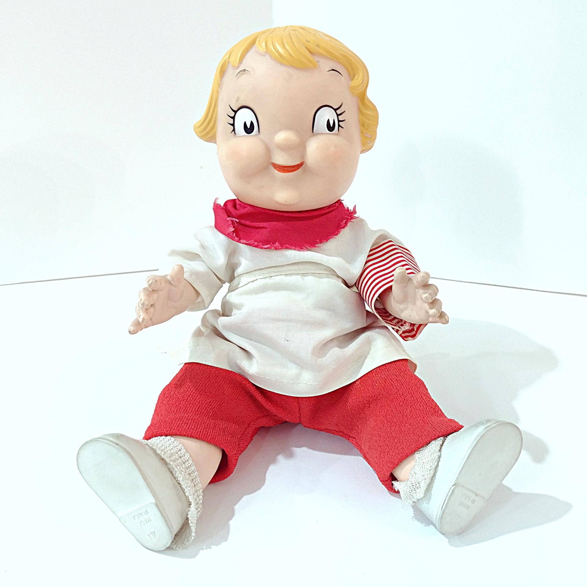 Vintage 1960's Campbells Soup Kids Doll with Red and White Dress, Poseable Campbell's Kids Blonde Boy Doll